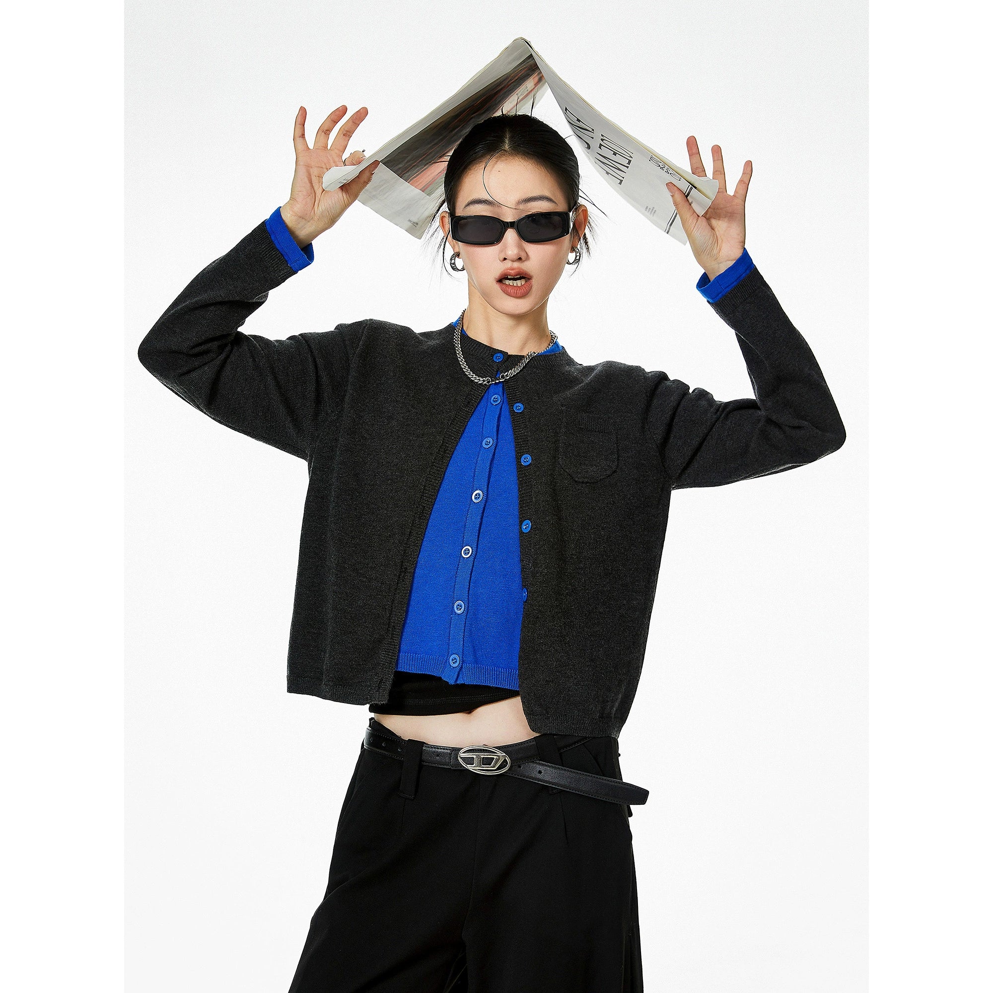 ICH MODE 美式复古假两件针织开衫女秋冬毛衣外套打底衫长袖上衣