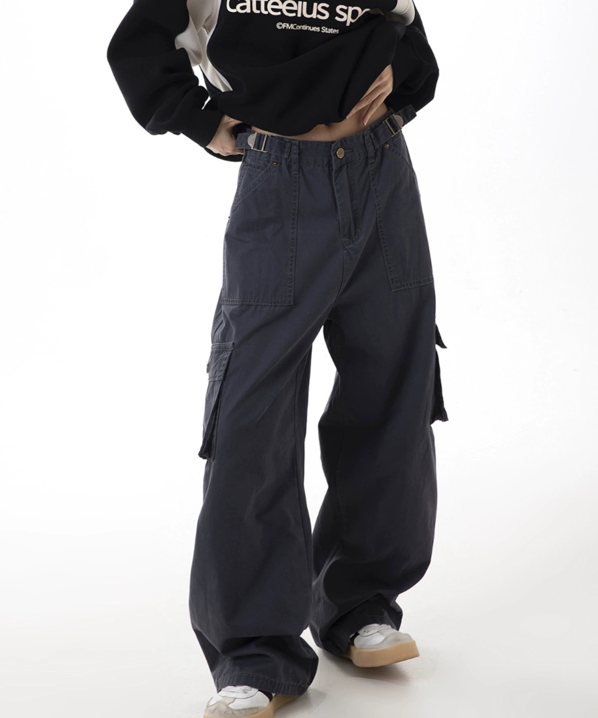 ICH MODE 美式复古口袋工装裤女2025新款秋宽松直筒阔腿休闲裤