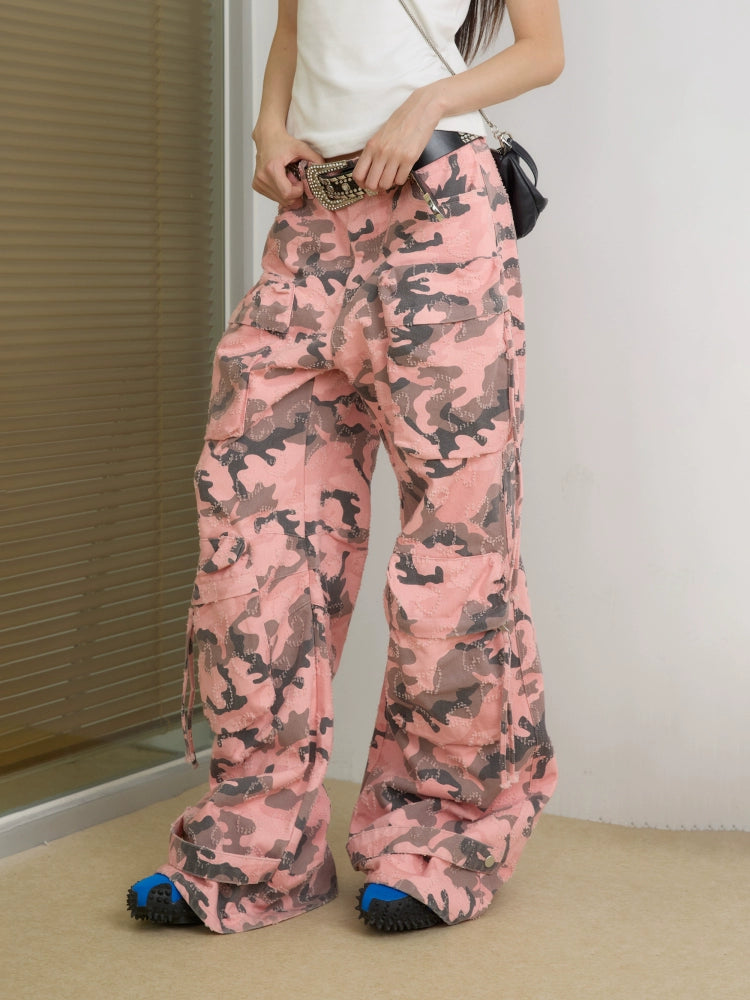 “烟火”| eeee小众设计感磨破爱心工装阔腿裤粉色迷彩裤口袋长裤