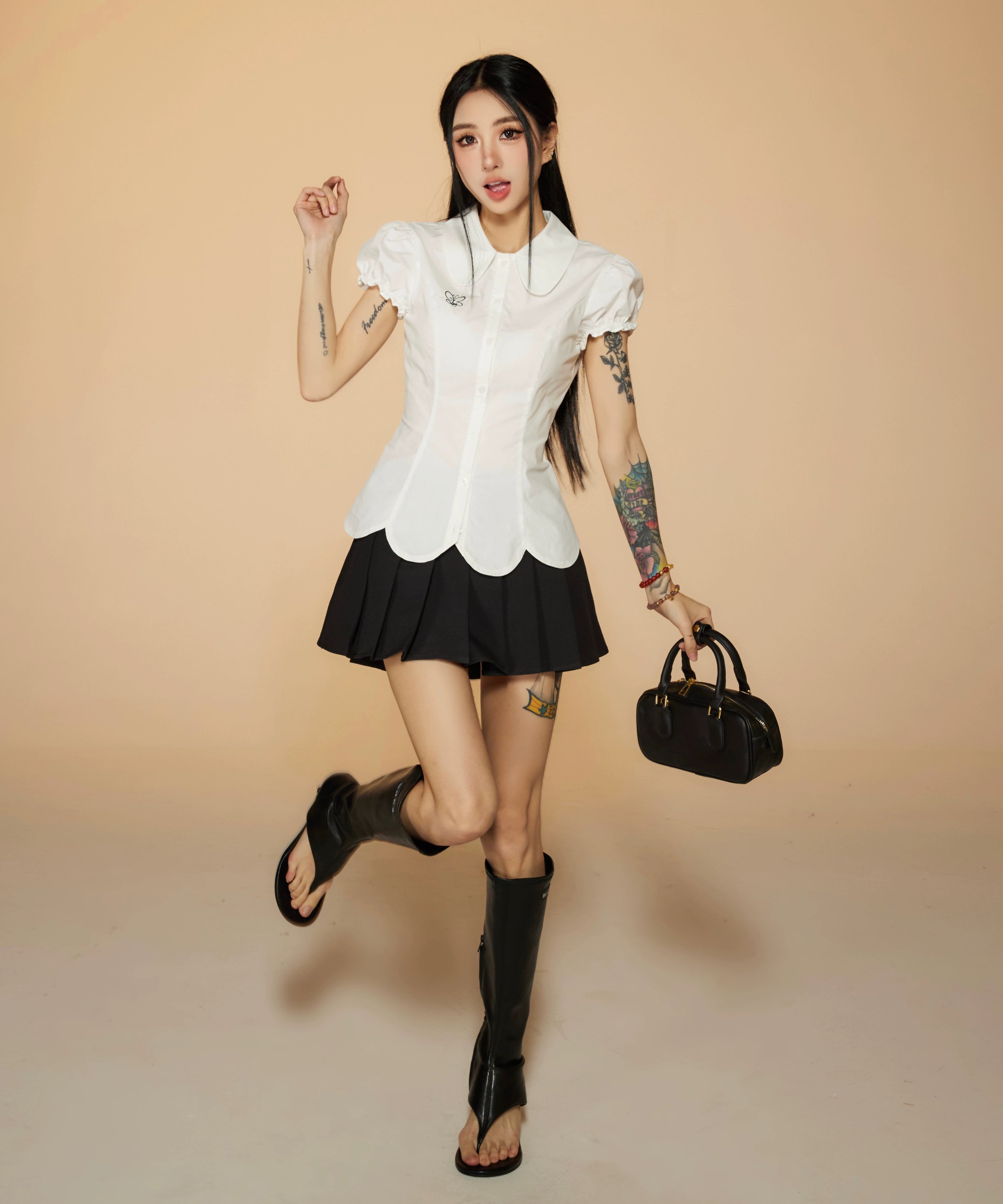 野生zerocircle白色娃娃领泡泡短袖衬衫女春韩系修身显瘦收腰上衣