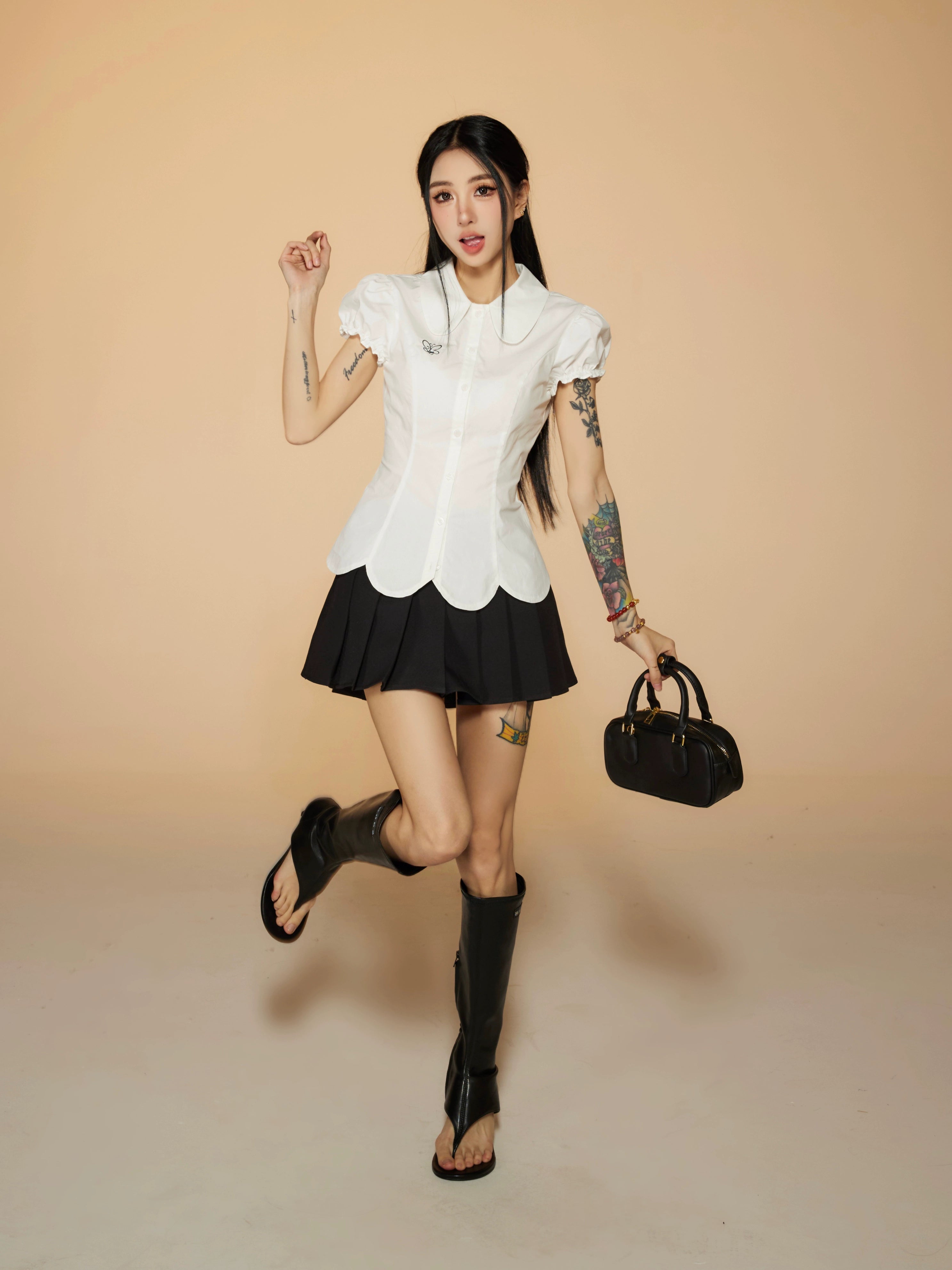 野生zerocircle白色娃娃领泡泡短袖衬衫女春韩系修身显瘦收腰上衣