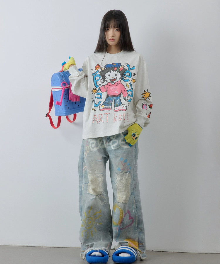“艺术凯蒂”| eeee恶搞插画手绘涂鸦长袖T恤宽松潮流卫衣打底衫