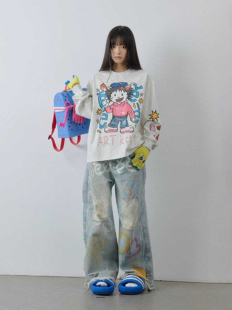 “艺术凯蒂”| eeee恶搞插画手绘涂鸦长袖T恤宽松潮流卫衣打底衫