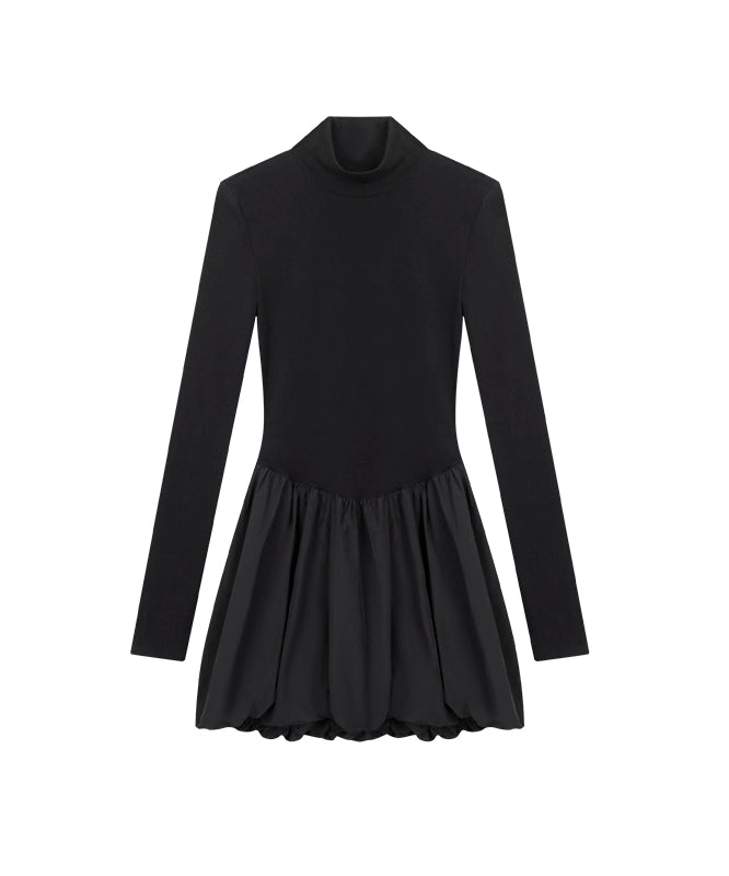 野生zerocircle黑色半高领长袖连衣裙女春秋季显瘦修身花苞短裙子