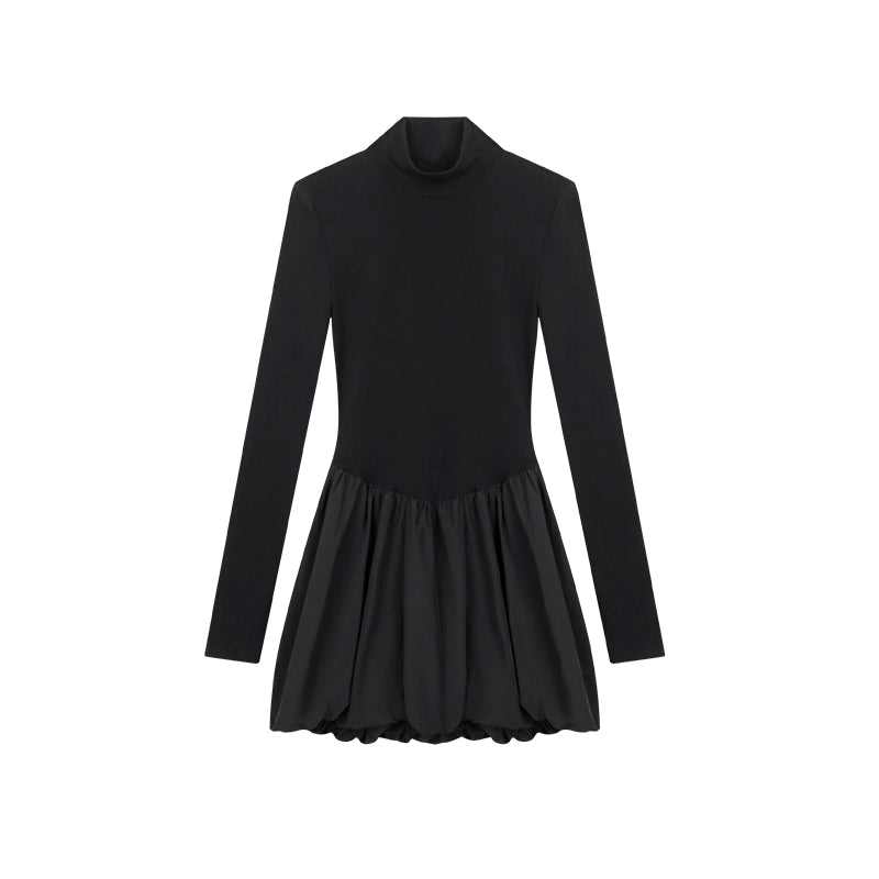 野生zerocircle黑色半高领长袖连衣裙女春秋季显瘦修身花苞短裙子