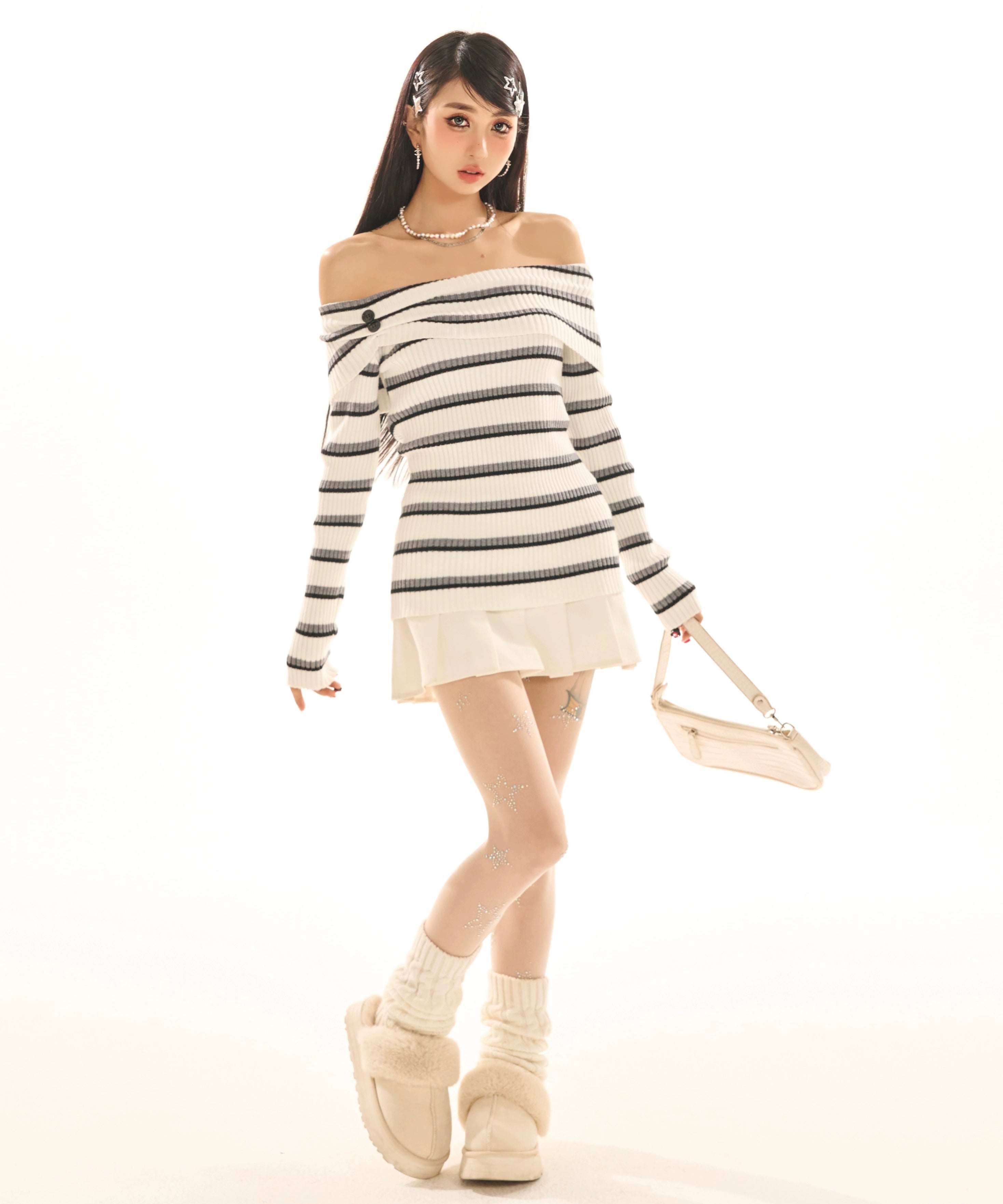 野生zerocircle一字肩撞色条纹毛衣女春季外穿修身显瘦针织衫上衣