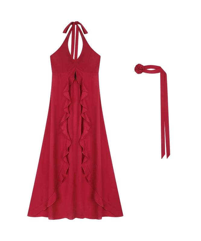 野生zero红色荷叶边挂脖背心连衣裙女夏季设计感小众显瘦无袖上衣