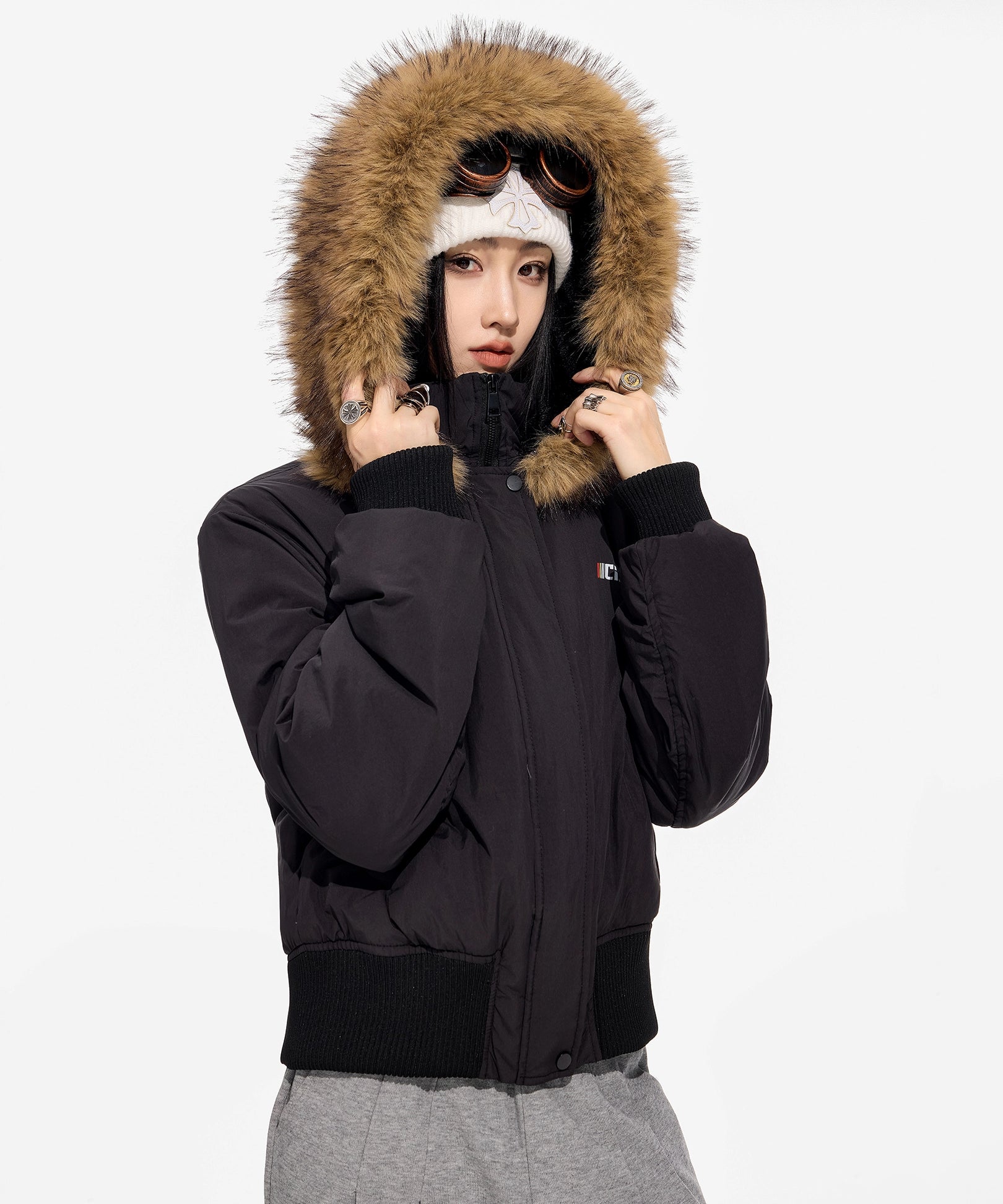 ICH MODE 美式复古毛领连帽立领棉服女秋冬季防寒棉衣修身短外套