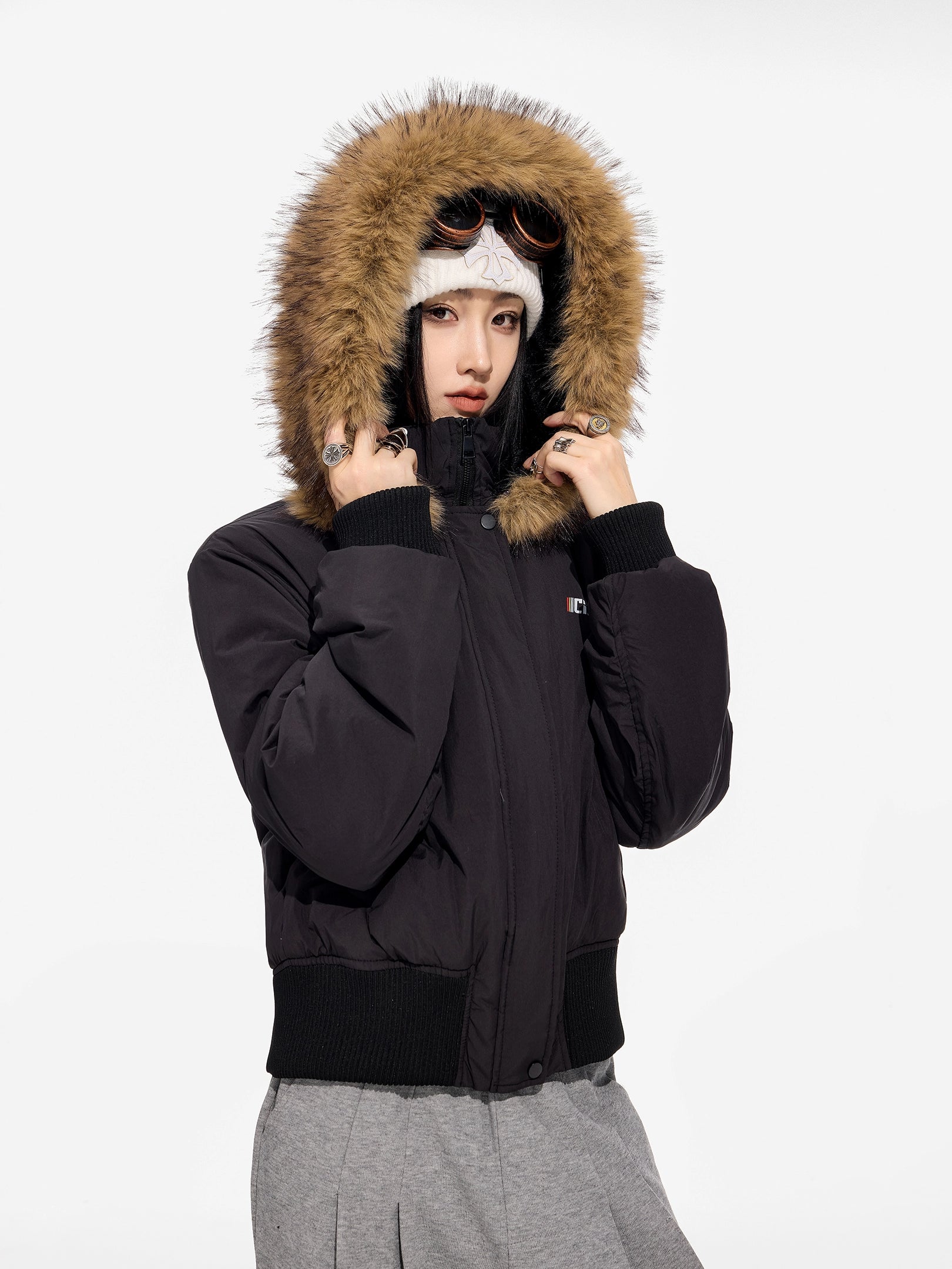 ICH MODE 美式复古毛领连帽立领棉服女秋冬季防寒棉衣修身短外套