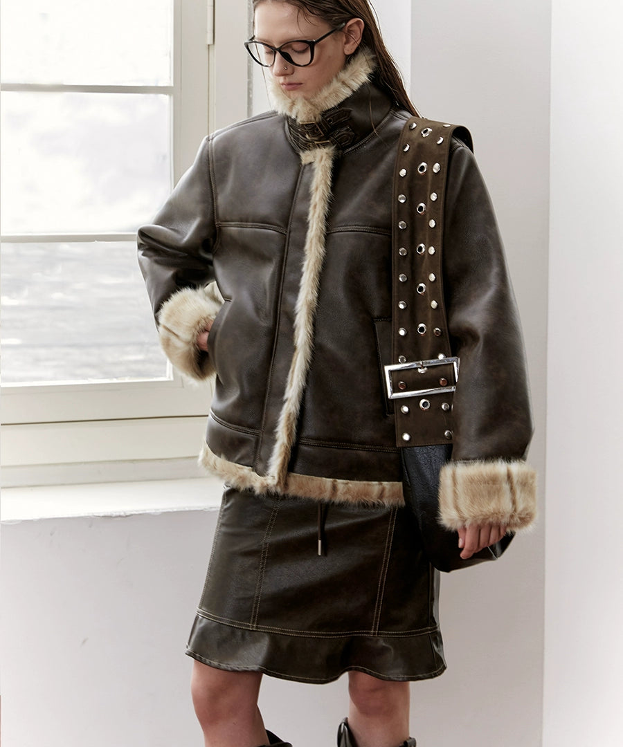 2th Desire美式复古皮毛一体短外套女皮夹克上衣秋冬机车棕色外套