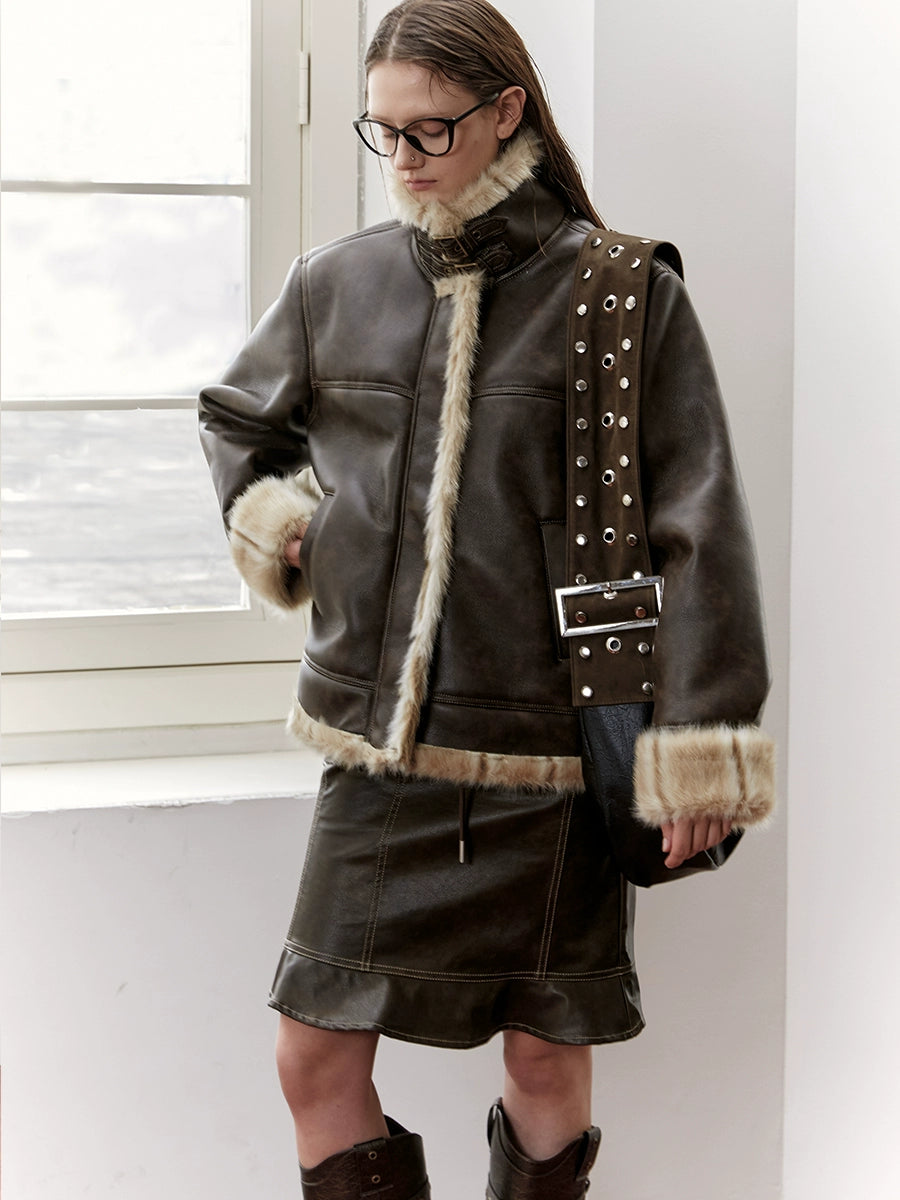2th Desire美式复古皮毛一体短外套女皮夹克上衣秋冬机车棕色外套