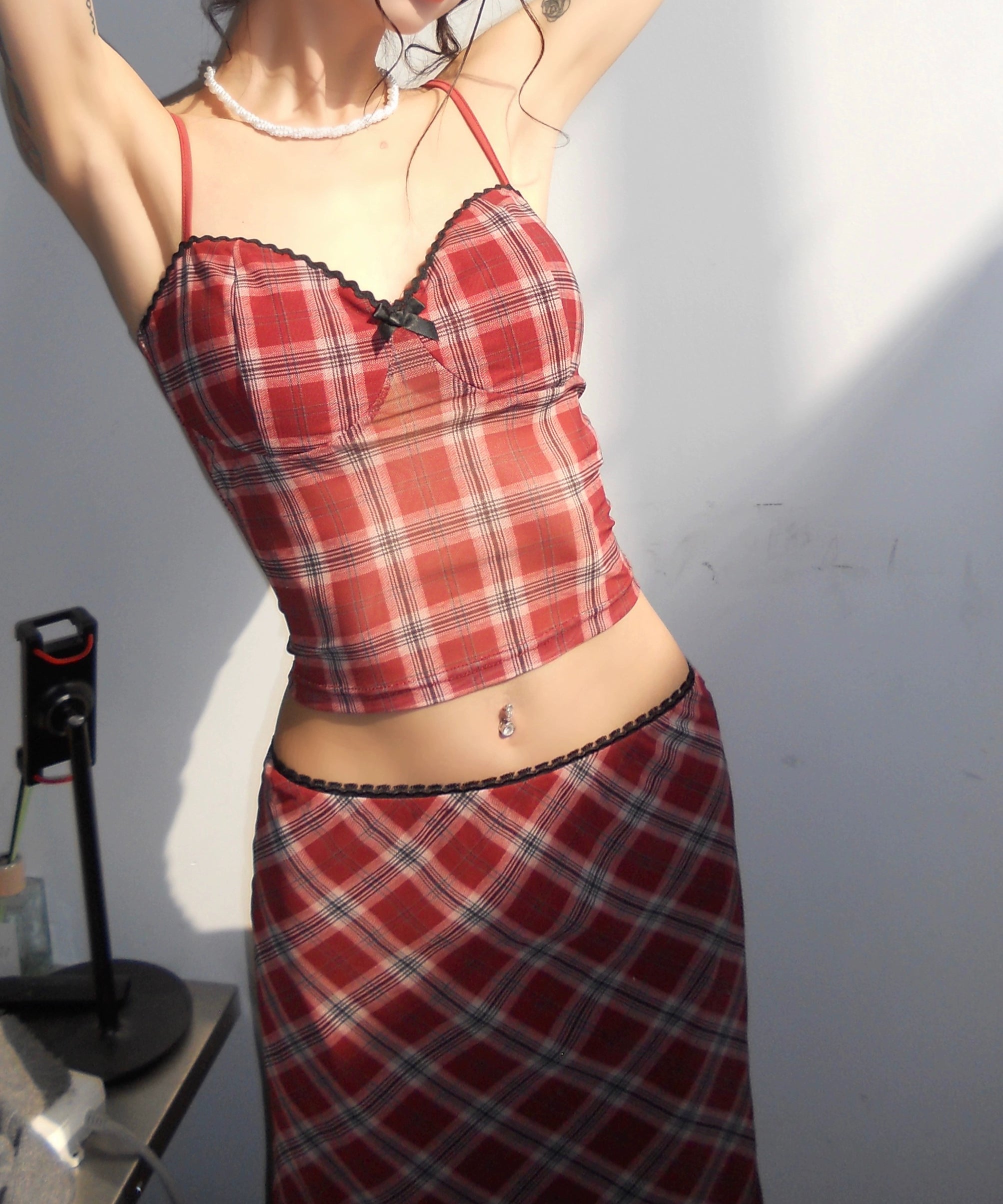 野生zerocircle黑红色格子吊带胸垫背心内搭女春夏季辣妹网纱上衣