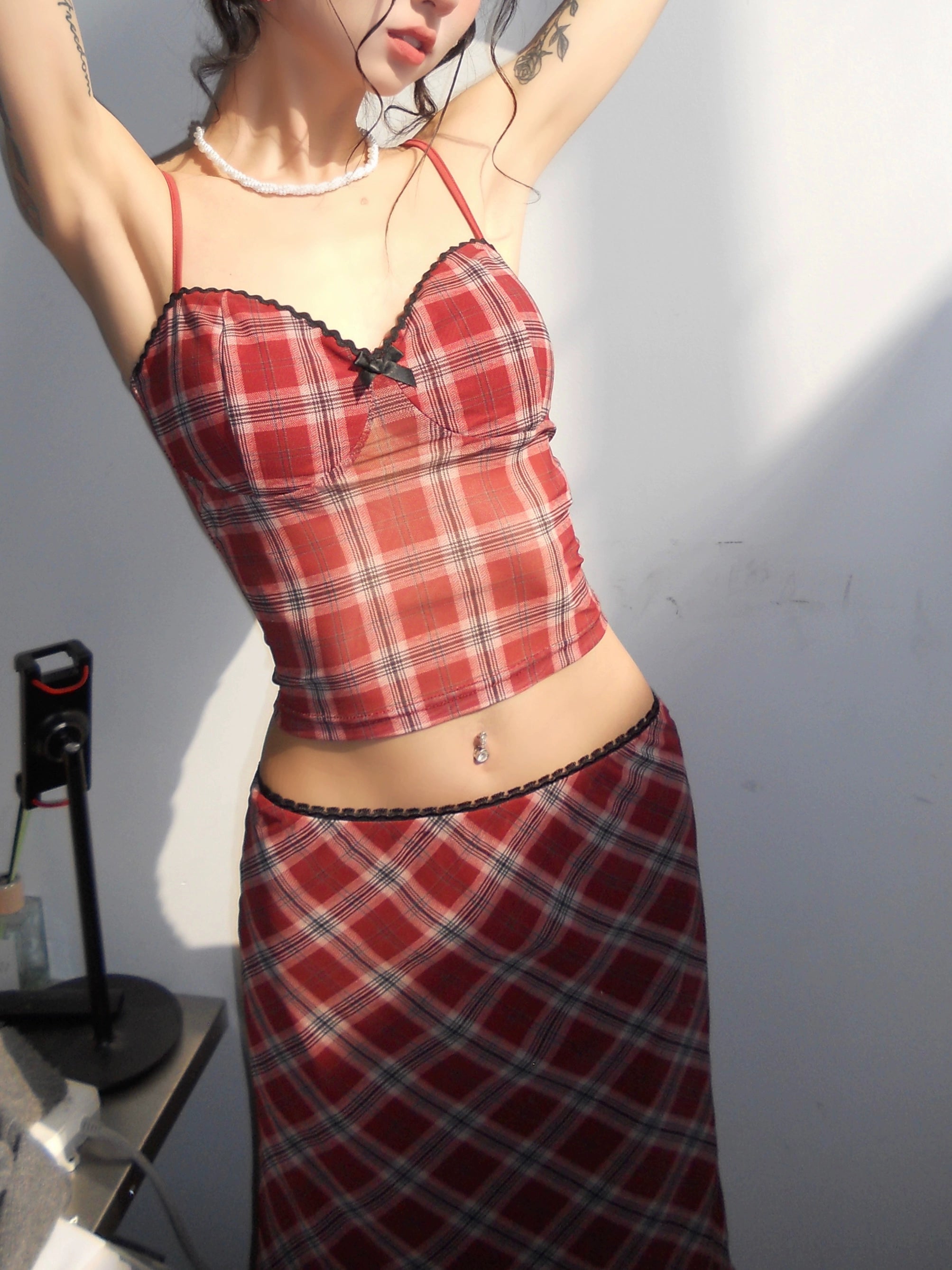 野生zerocircle黑红色格子吊带胸垫背心内搭女春夏季辣妹网纱上衣