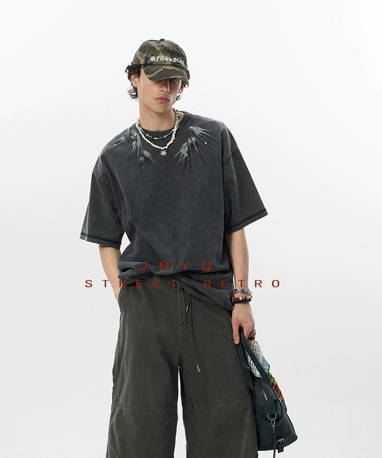 【燕尾】JHYQ美式水洗做旧印花镶钻短袖T恤男宽松重磅圆领上衣夏