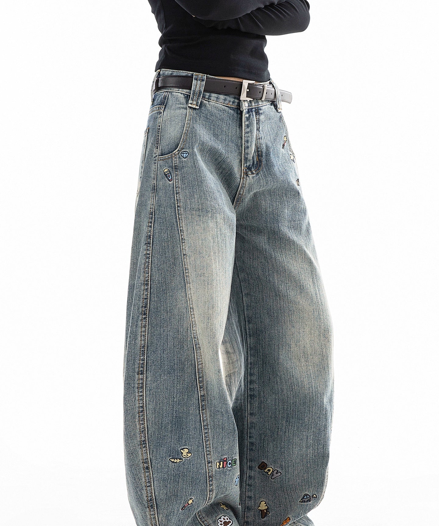 ICH MODE 美式复古小刺绣牛仔裤女宽松直筒裤阔腿弯刀裤休闲裤子