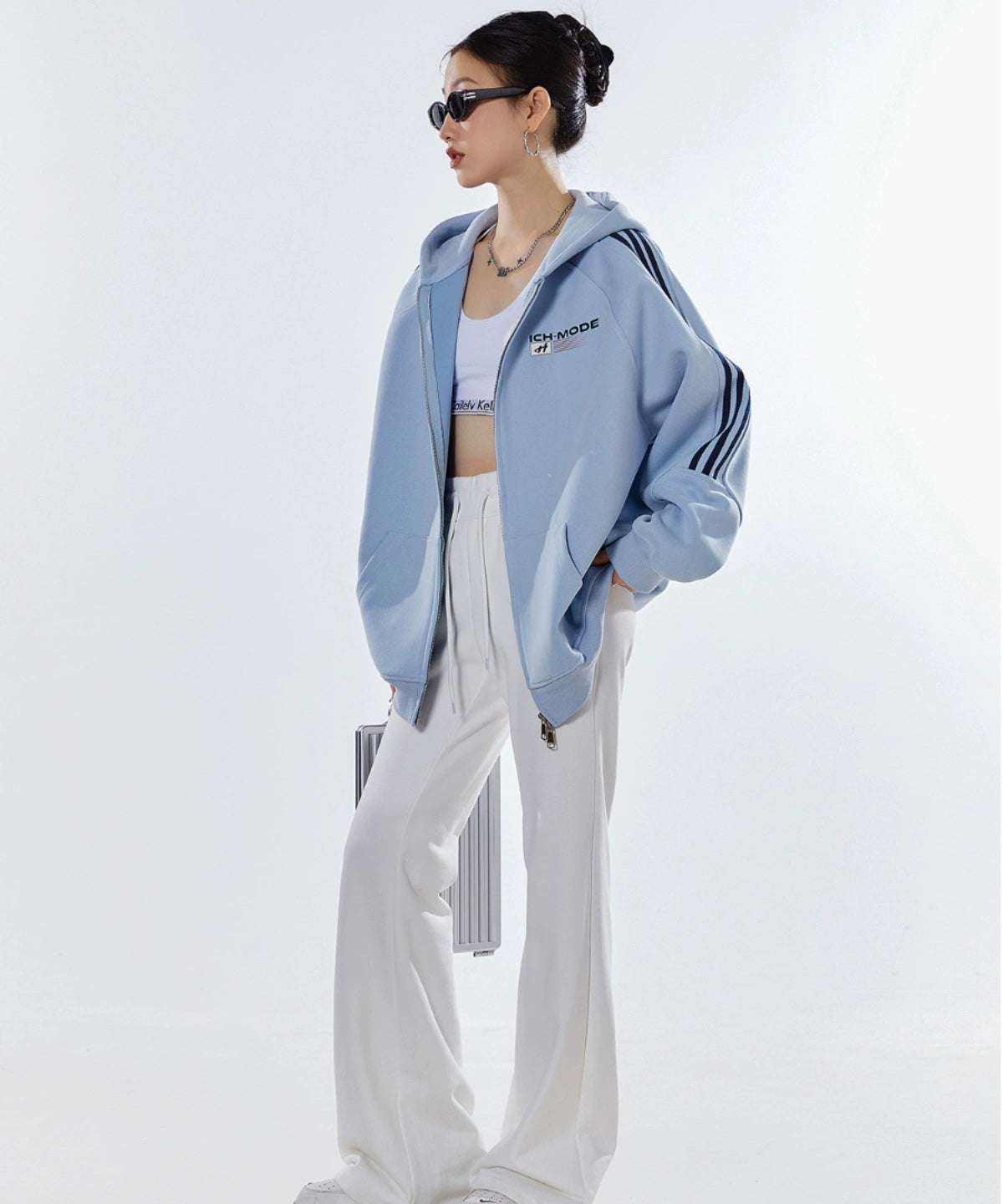 ICH MODE 400G质感条纹运动休闲美式卫衣开衫简约街头潮牌外套女