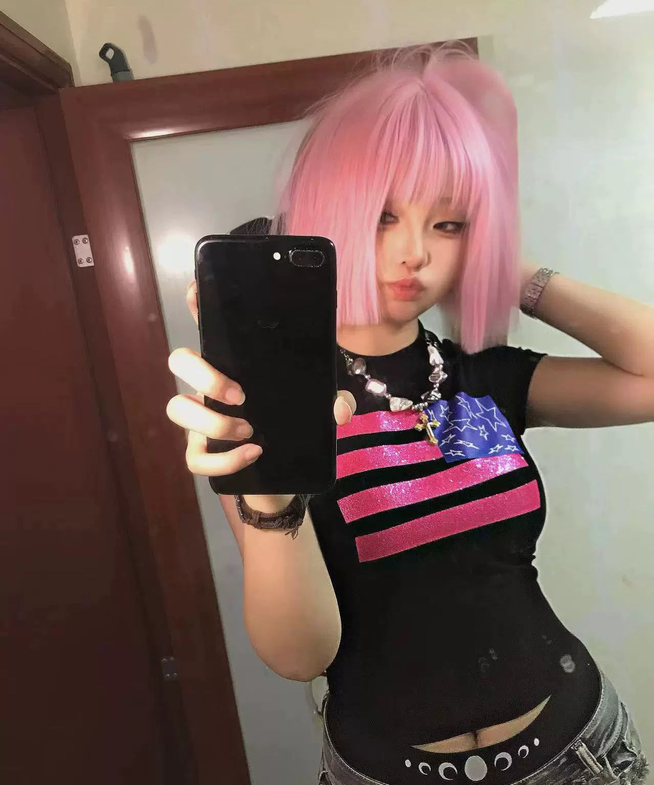 闪粉印花性感紧身高弹辣妹短款美式T恤羊绒圆领短袖女