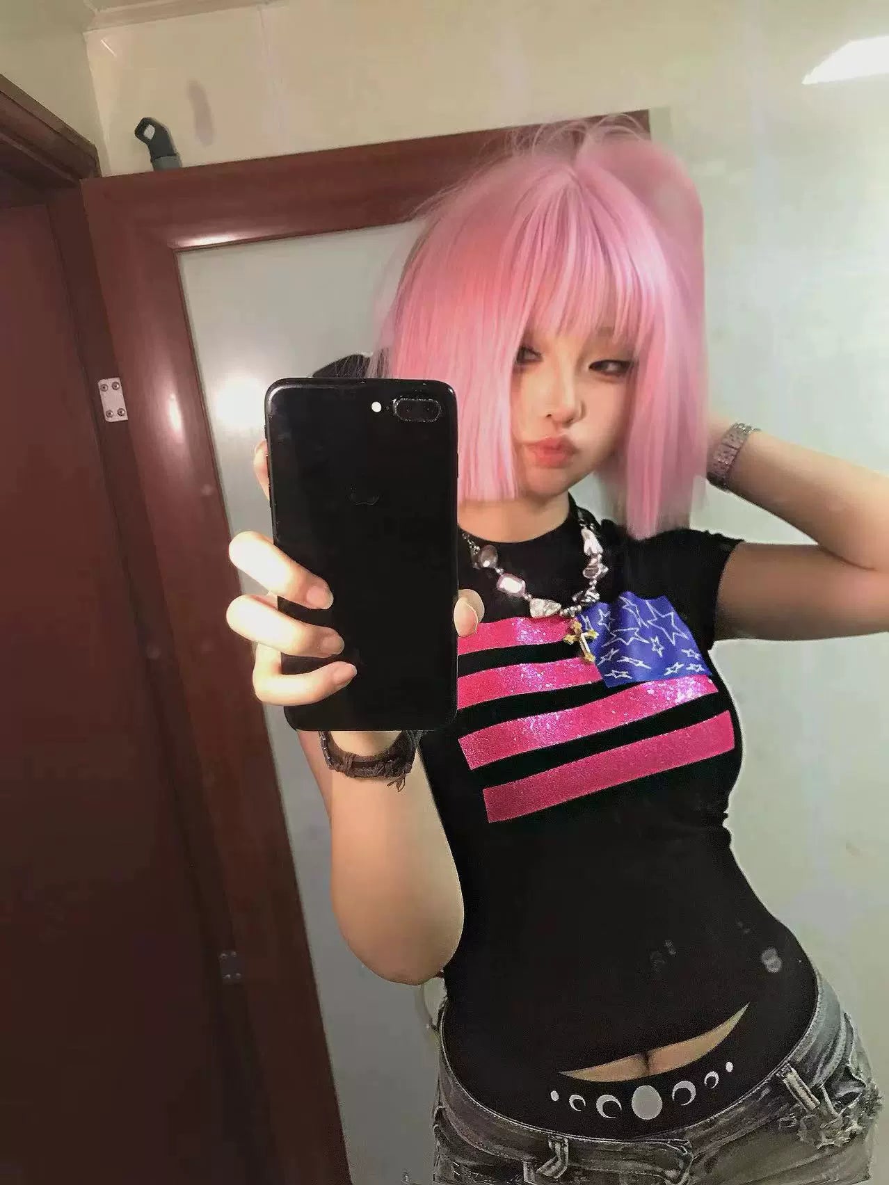 闪粉印花性感紧身高弹辣妹短款美式T恤羊绒圆领短袖女