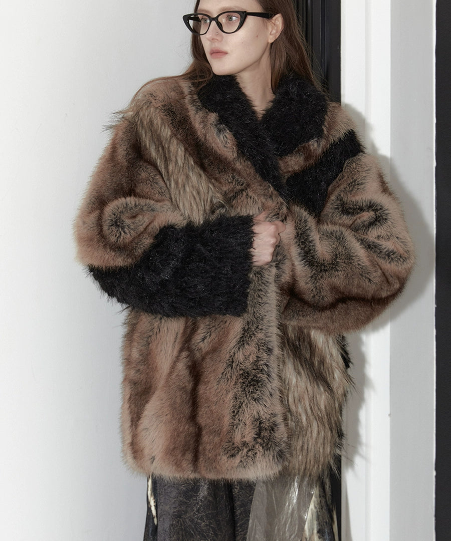 2th Desire重工拼色厚实环保皮草外套女复古中长款大衣毛毛外套冬