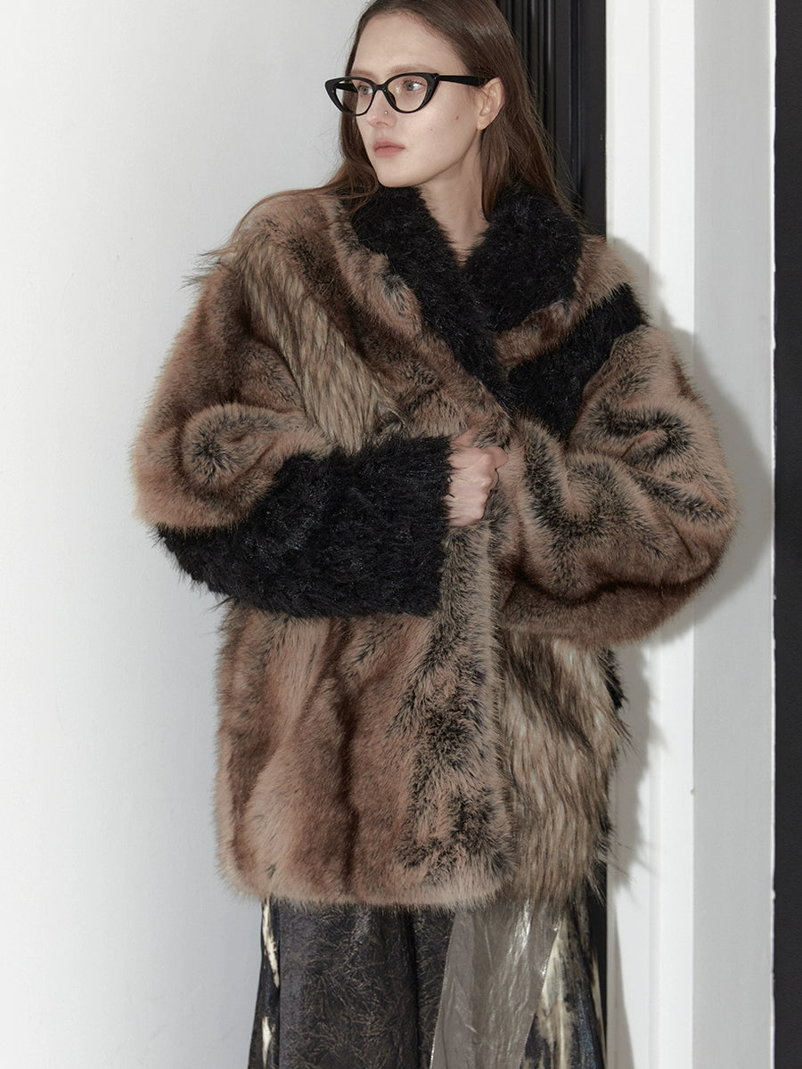 2th Desire重工拼色厚实环保皮草外套女复古中长款大衣毛毛外套冬