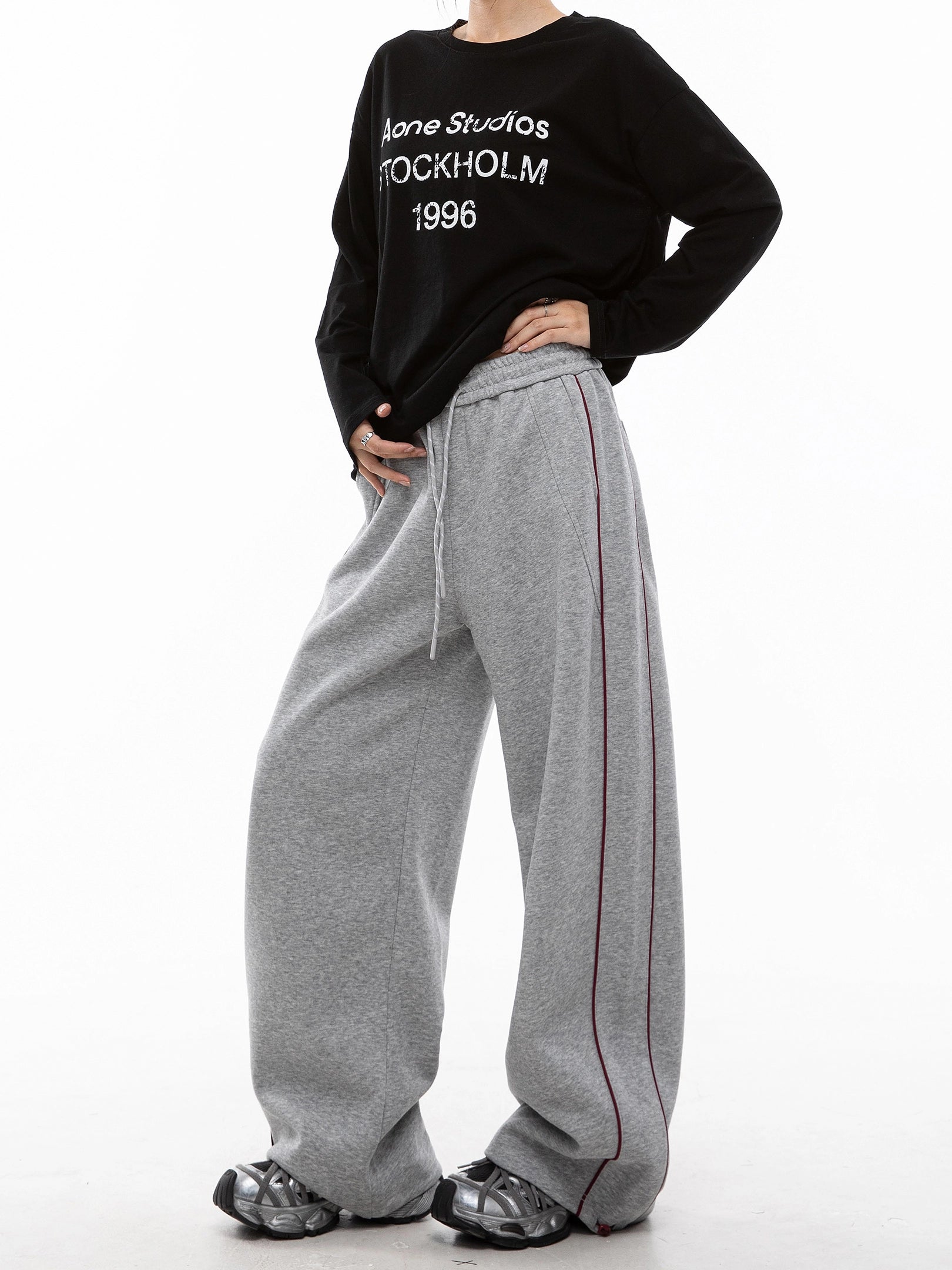 ICH MODE 美式复古条纹休闲裤女直筒宽松阔腿裤运动裤百搭卫裤