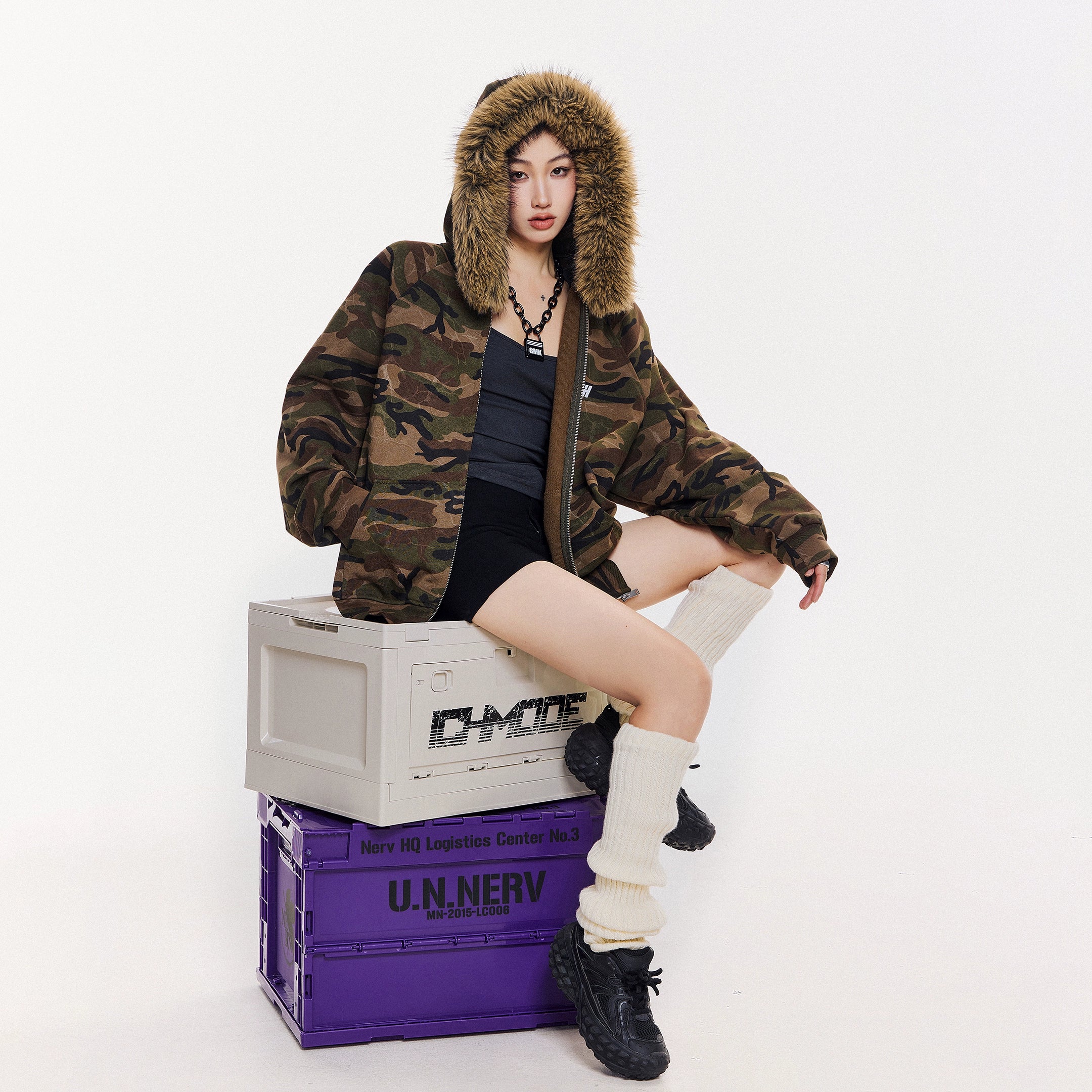 ICH MODE 美式复古毛领迷彩外套女2025秋冬新款连帽卫衣开衫上衣