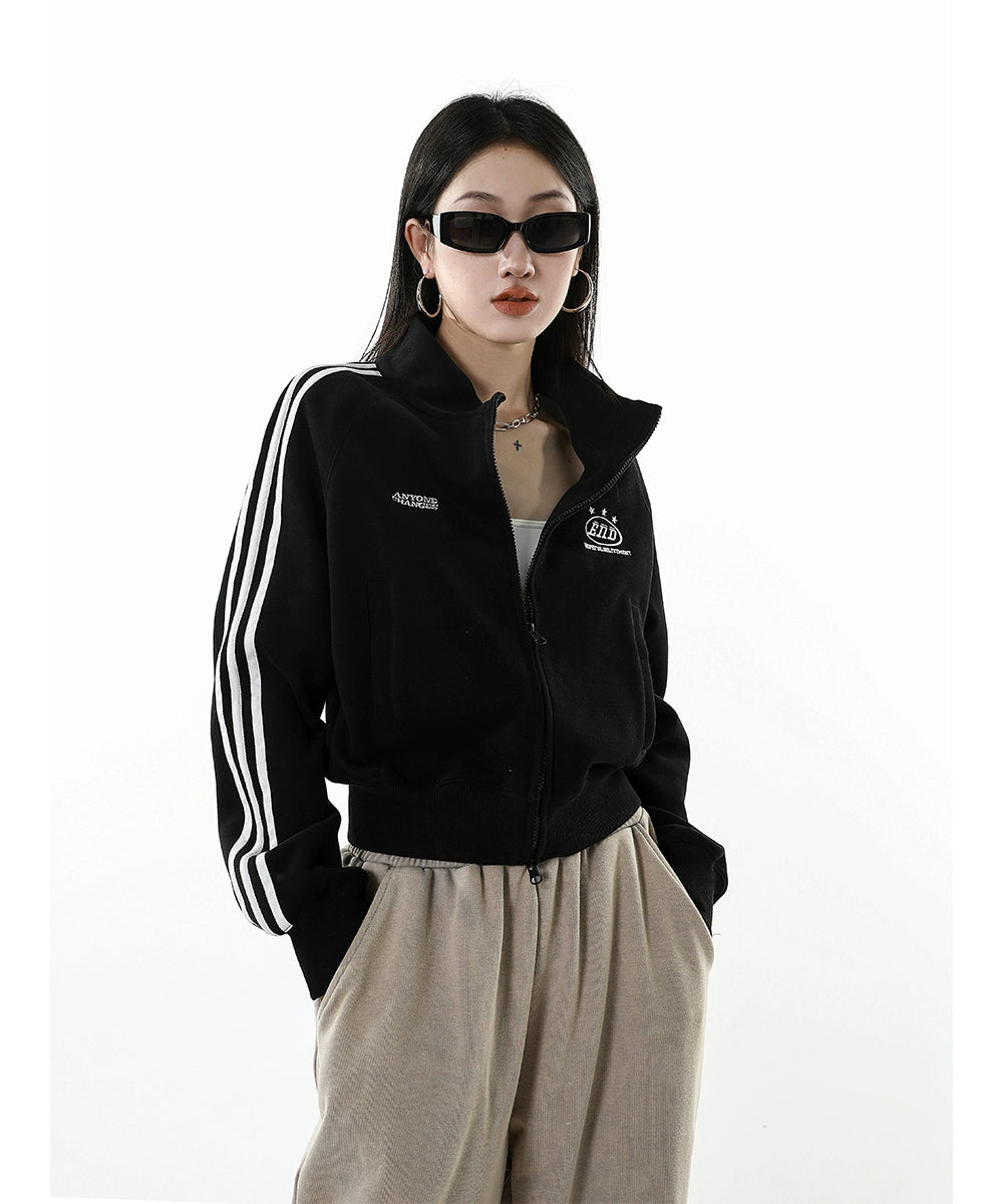 ICH MODE 美式修身短款黑色外套女2025新款秋冬运动连帽卫衣开衫