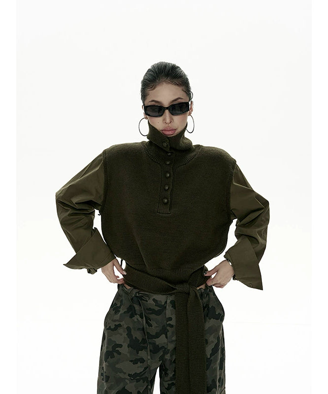 野生zero短款高领毛衣女秋冬新款设计感小众显瘦拼接长袖上衣外套