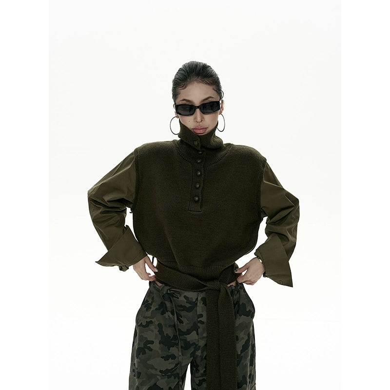 野生zero短款高领毛衣女秋冬新款设计感小众显瘦拼接长袖上衣外套