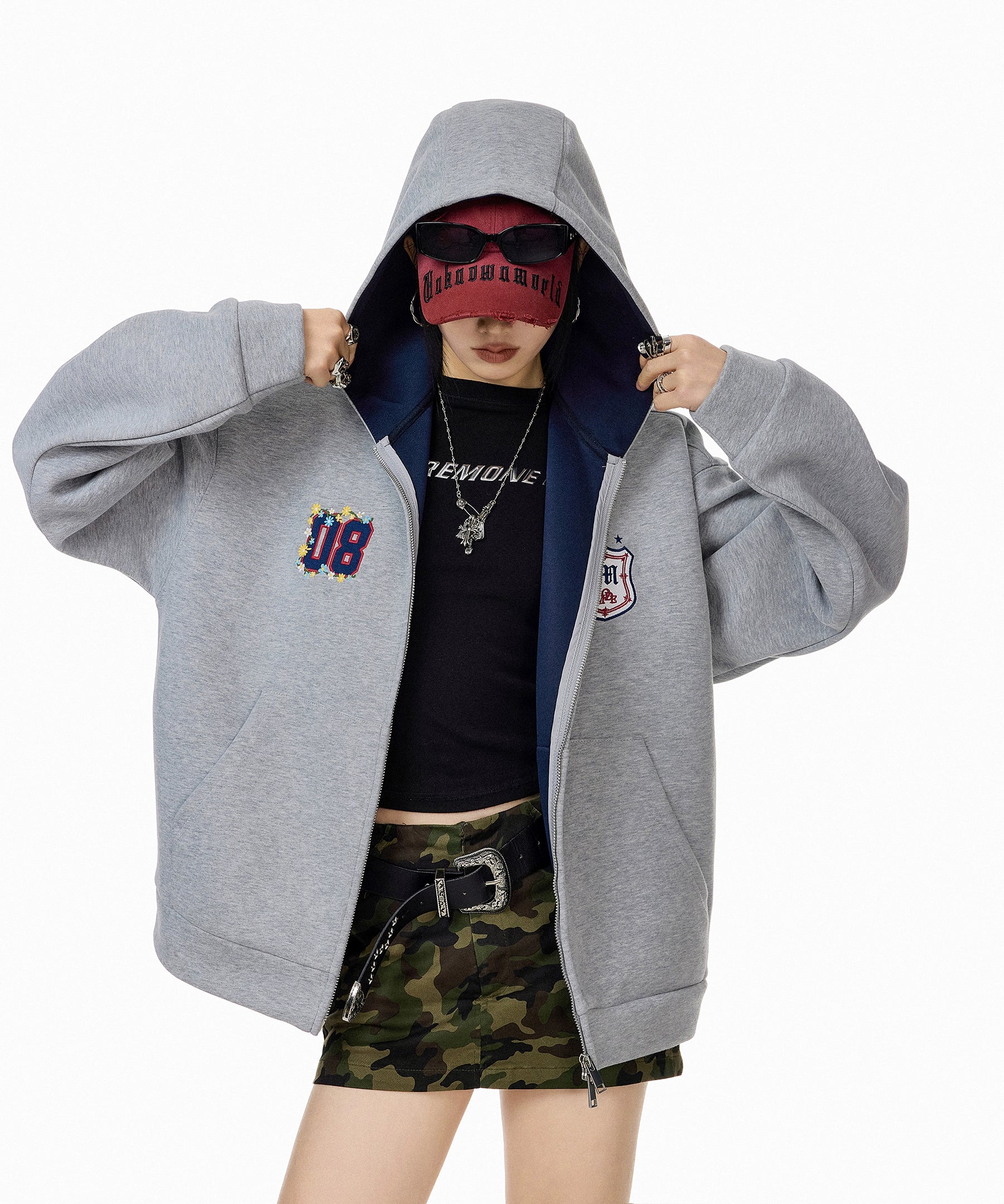 ICH MODE 美式复古撞色刺绣开衫外套女2025秋冬新款休闲连帽卫衣