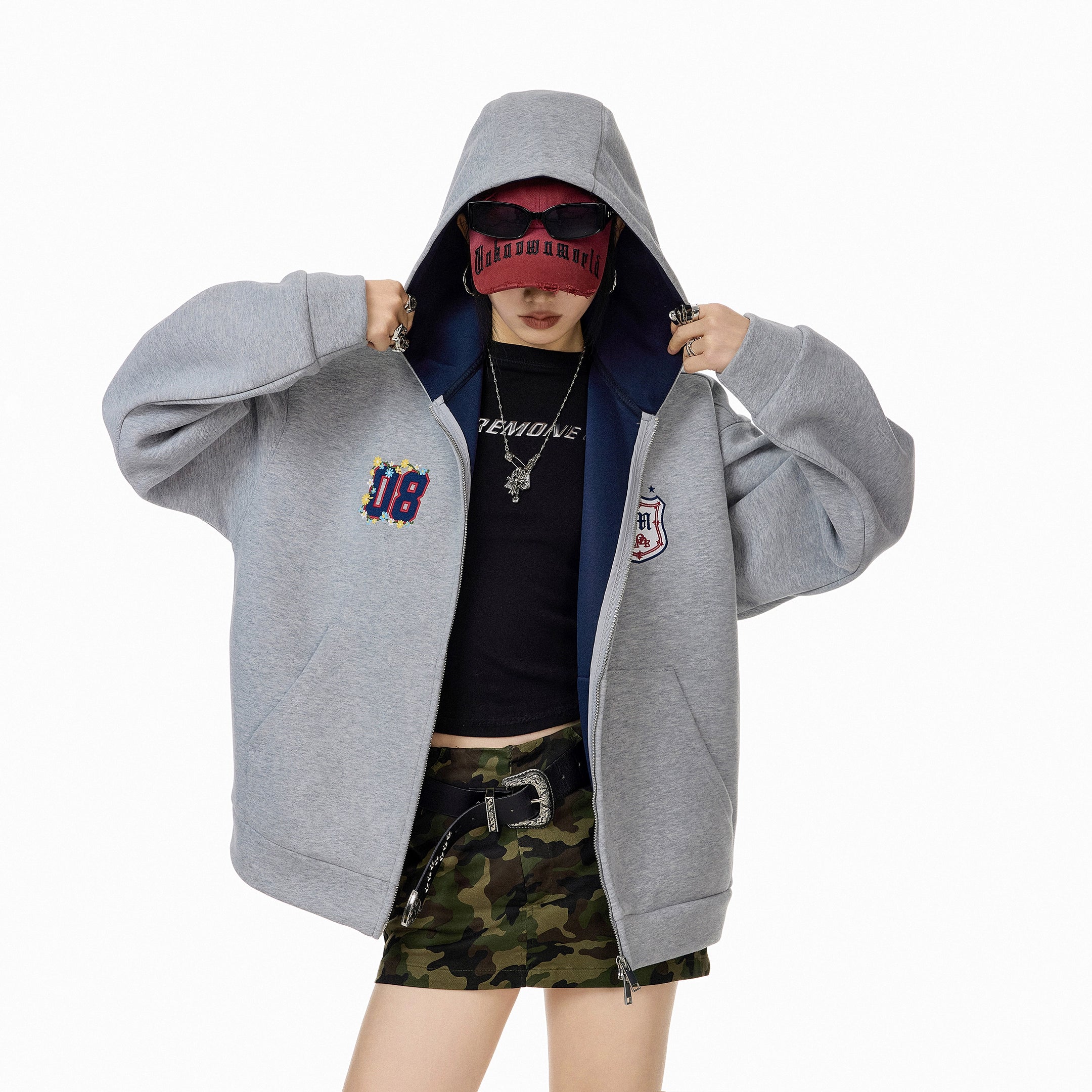 ICH MODE 美式复古撞色刺绣开衫外套女2025秋冬新款休闲连帽卫衣