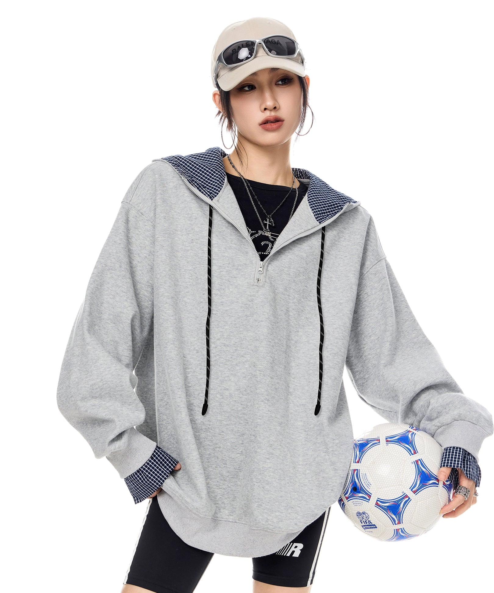 ICH MODE 美式复古格子拼接连帽卫衣女秋冬季半开领运动上衣外套