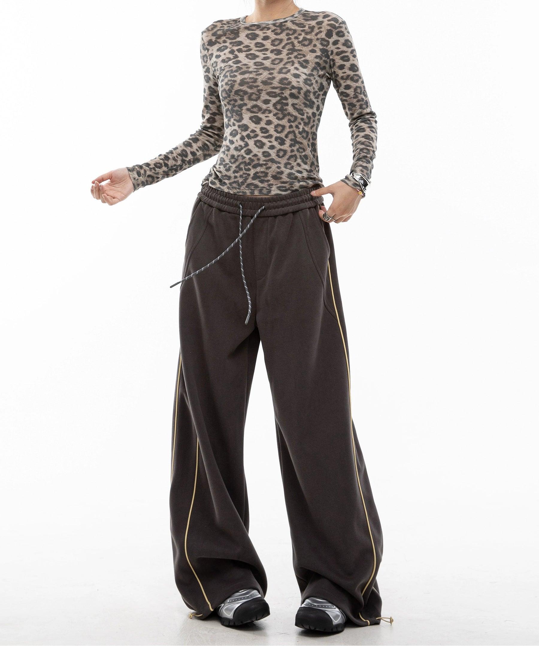 ICH MODE 美式复古条纹休闲裤女直筒宽松阔腿裤运动裤百搭卫裤