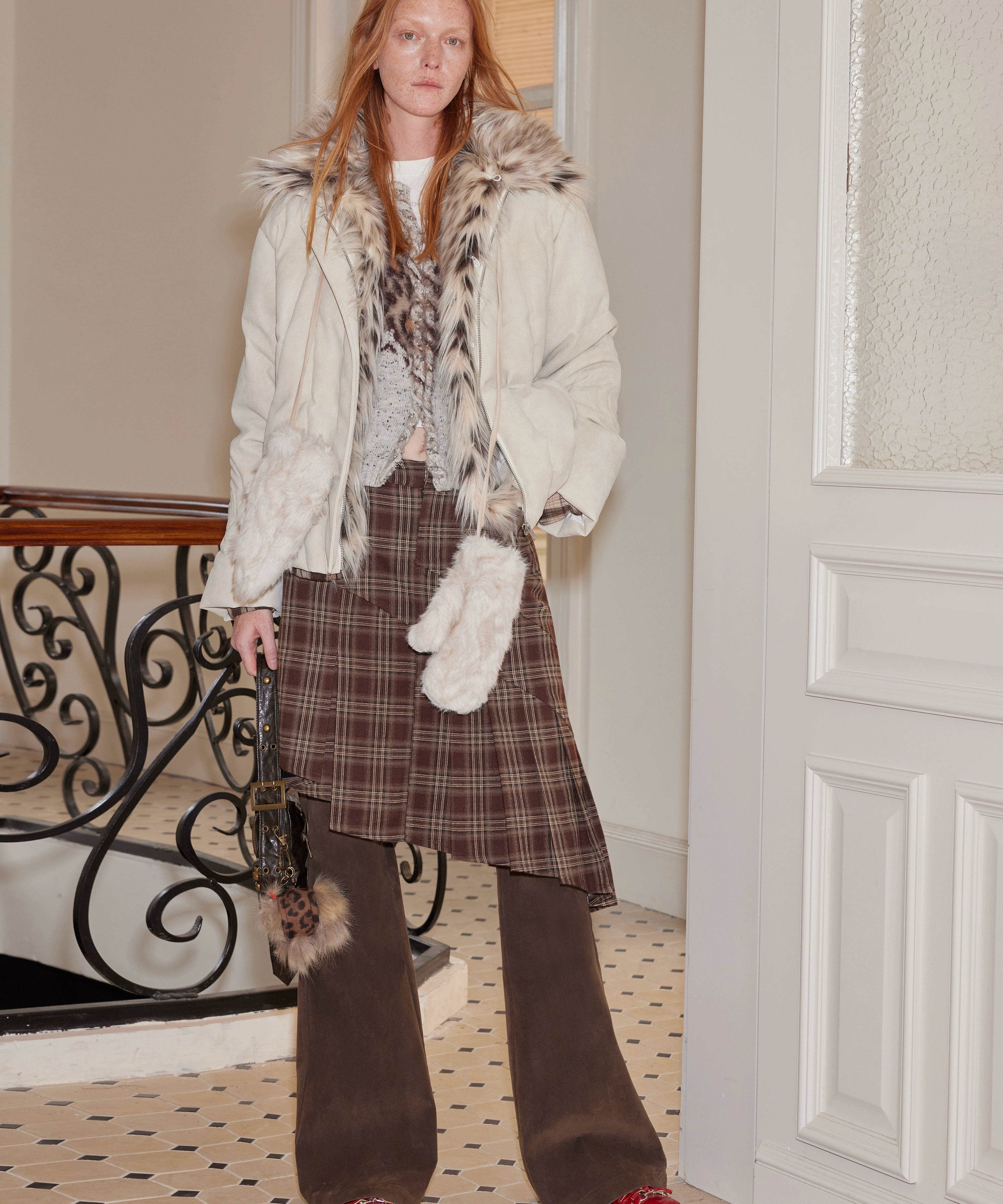 2th Desire叠穿神器格纹拼接设计感假两件微喇麂皮休闲西装裙裤女