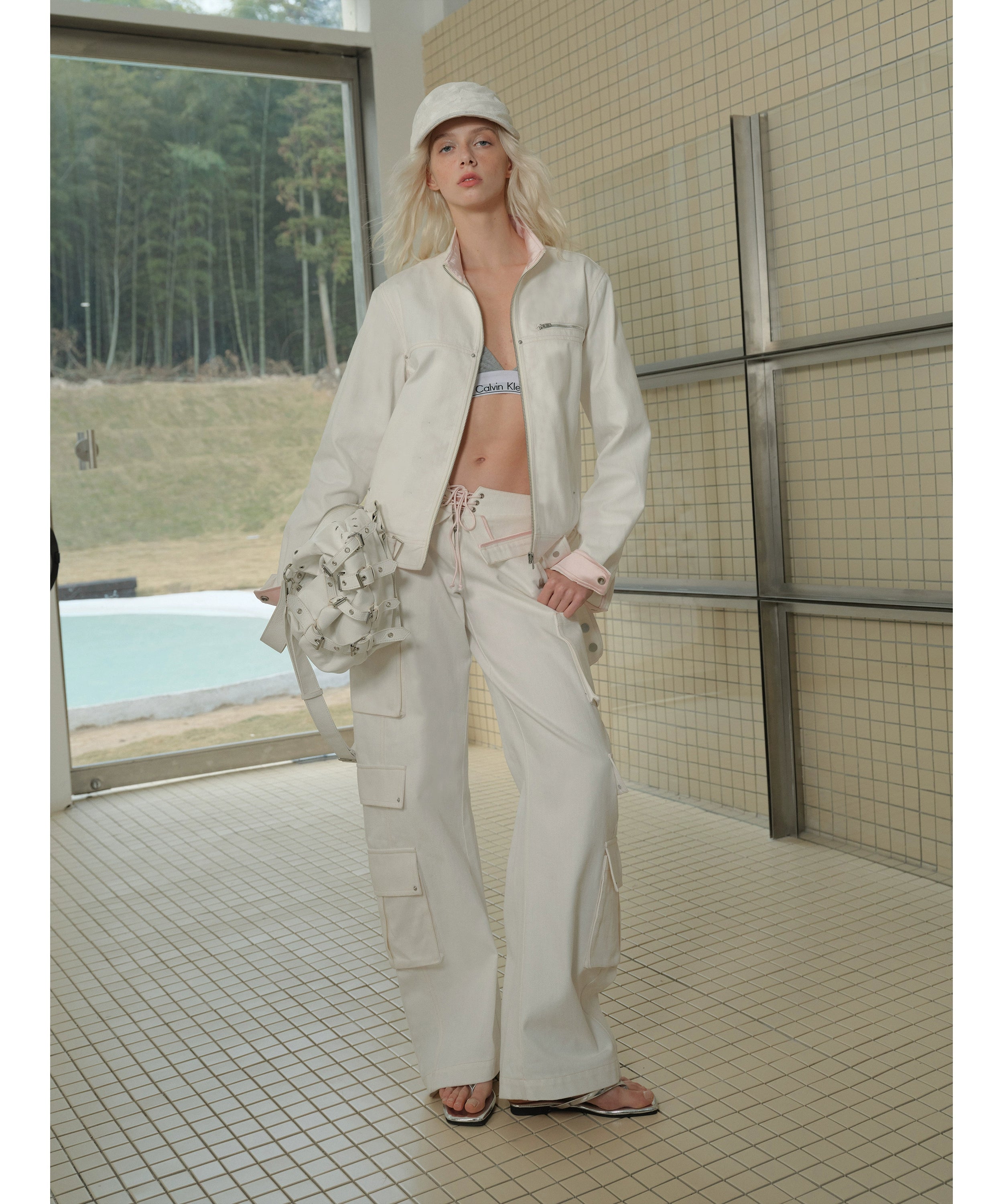 2th Desire美式复古多口袋立体双腰头剪裁低腰弯刀工装直筒牛仔裤