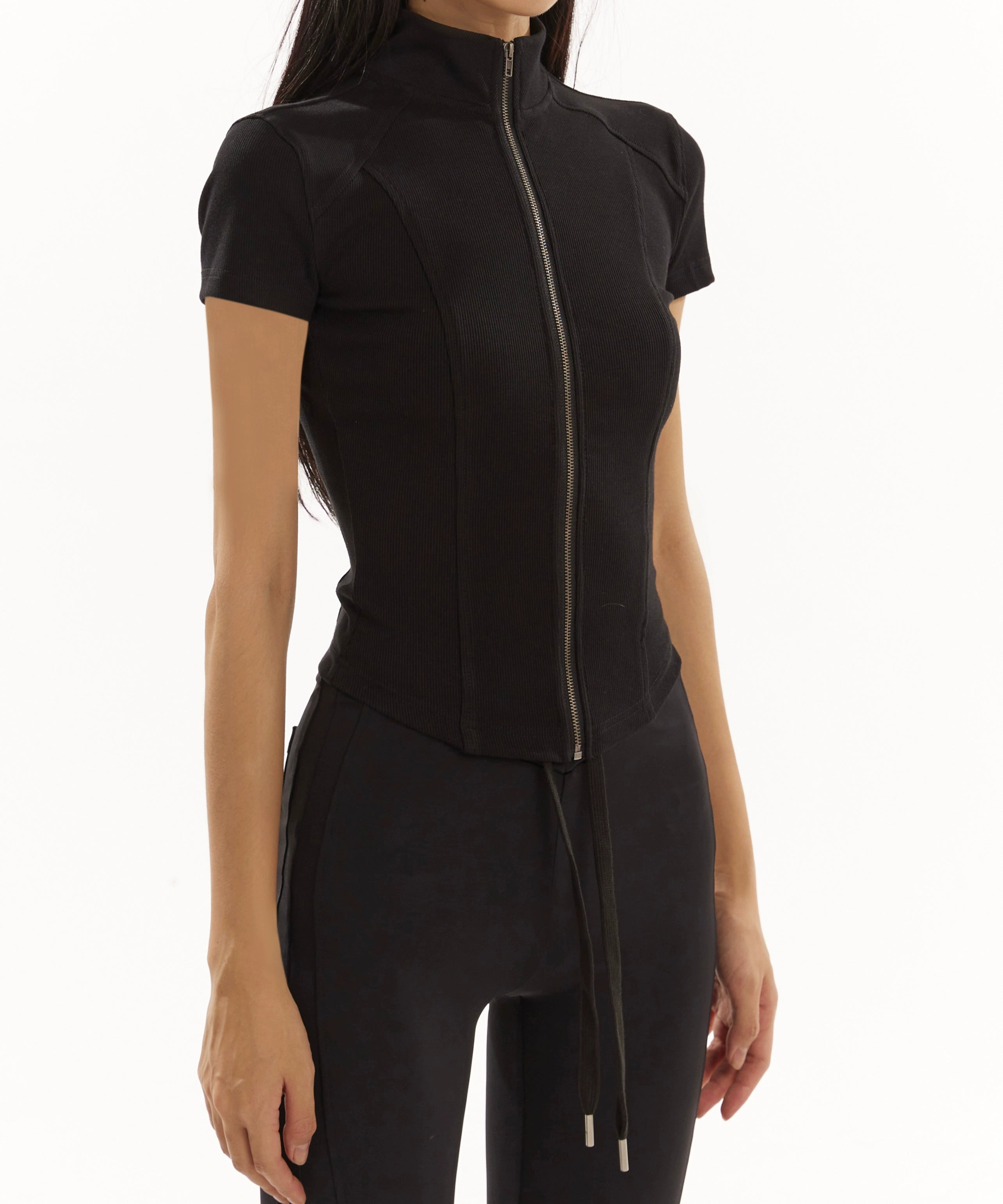 野生zero 黑灰色拉链开衫立领针织上衣女夏季修身显瘦正肩短袖t恤