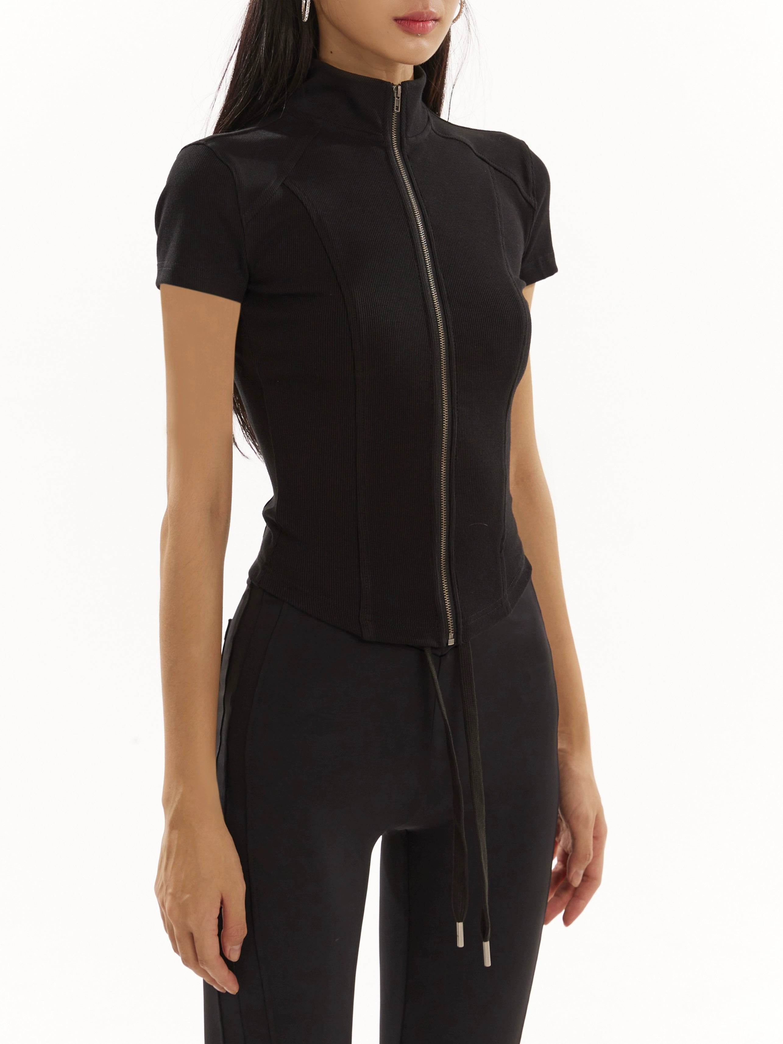 野生zero 黑灰色拉链开衫立领针织上衣女夏季修身显瘦正肩短袖t恤