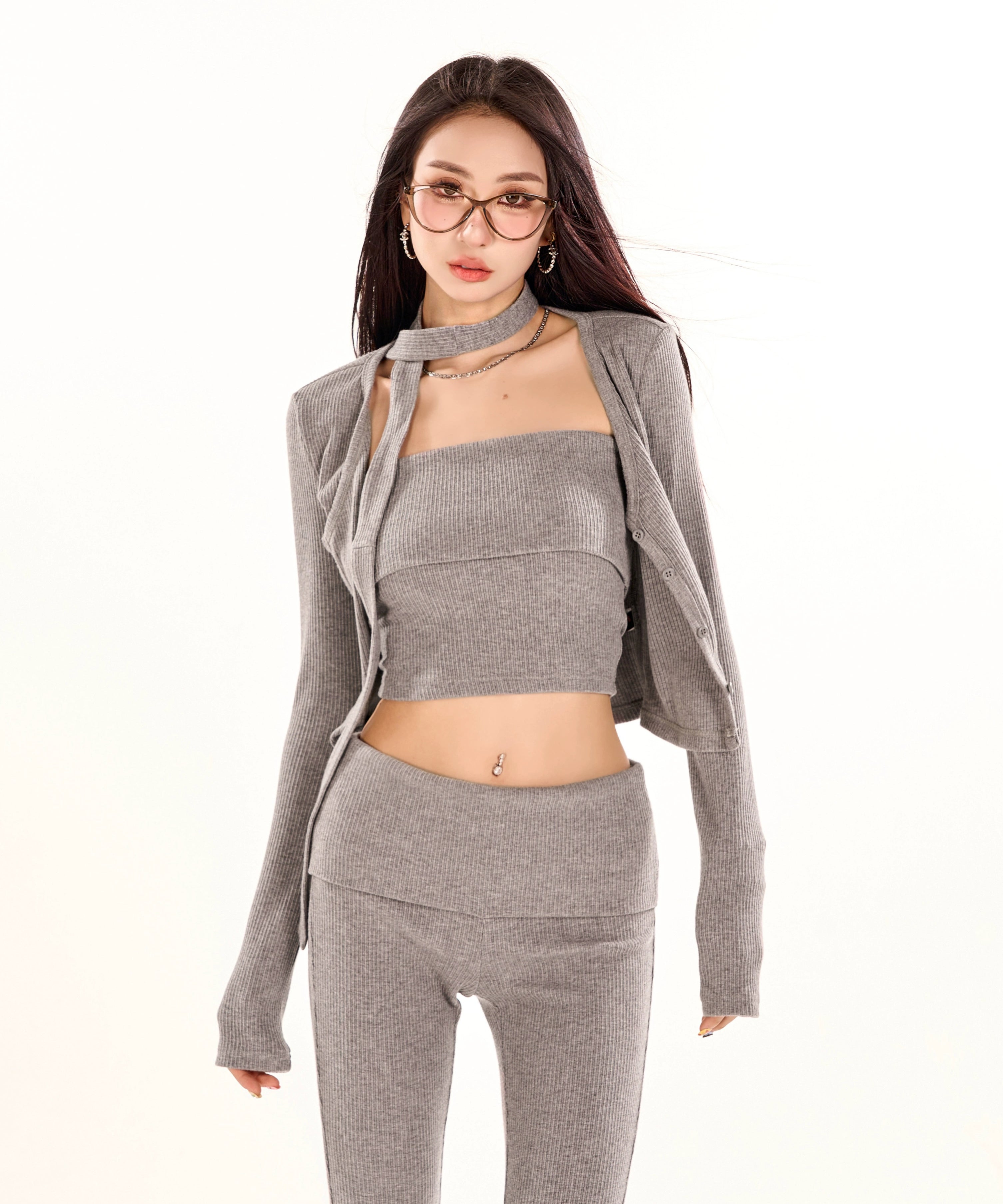 野生zero灰色针织开衫三件套装女春夏季抹胸辣妹上衣修身微喇裤子