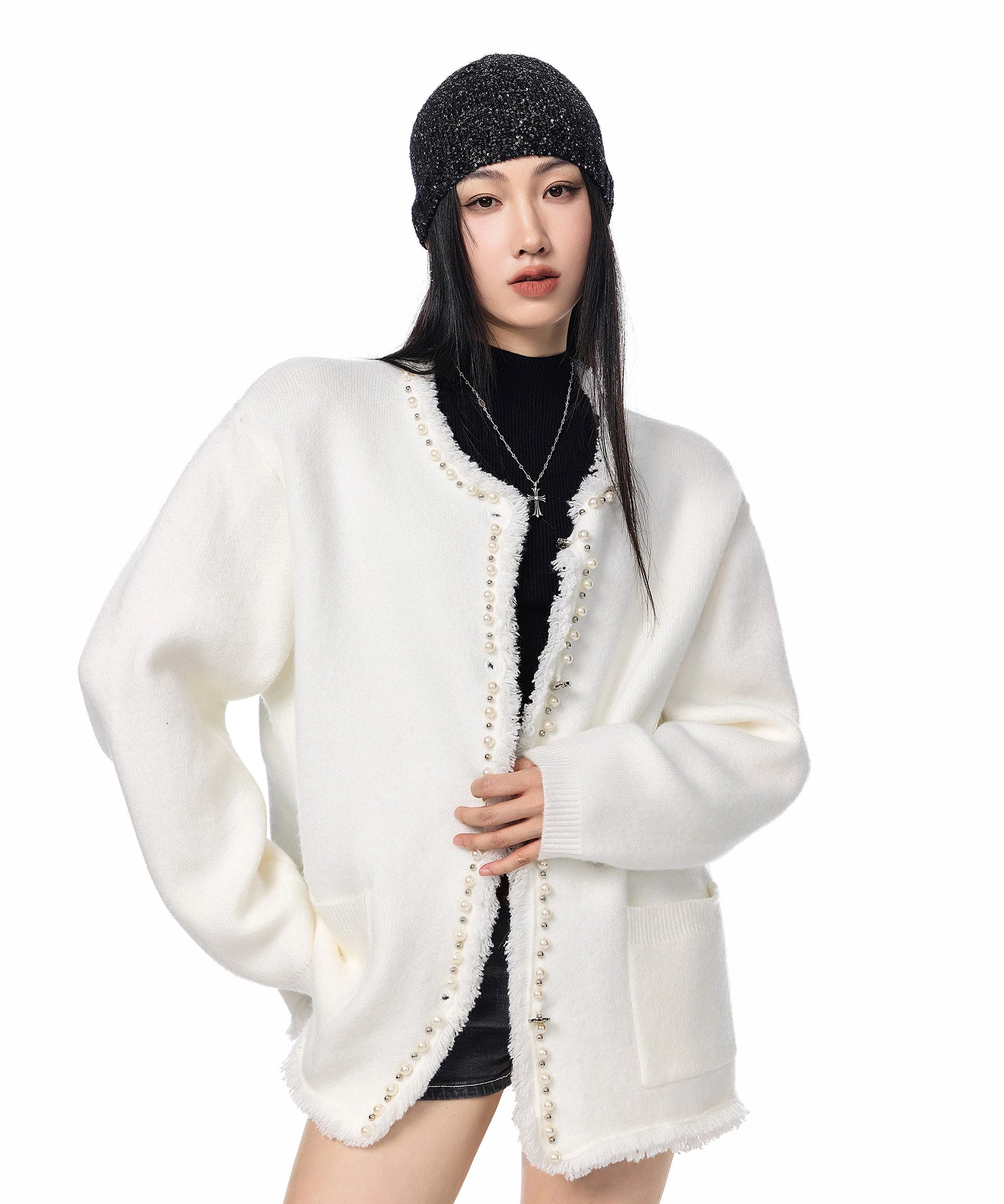 ICH MODE 美式复古珍珠流苏针织开衫女秋冬季小香风慵懒毛衣外套