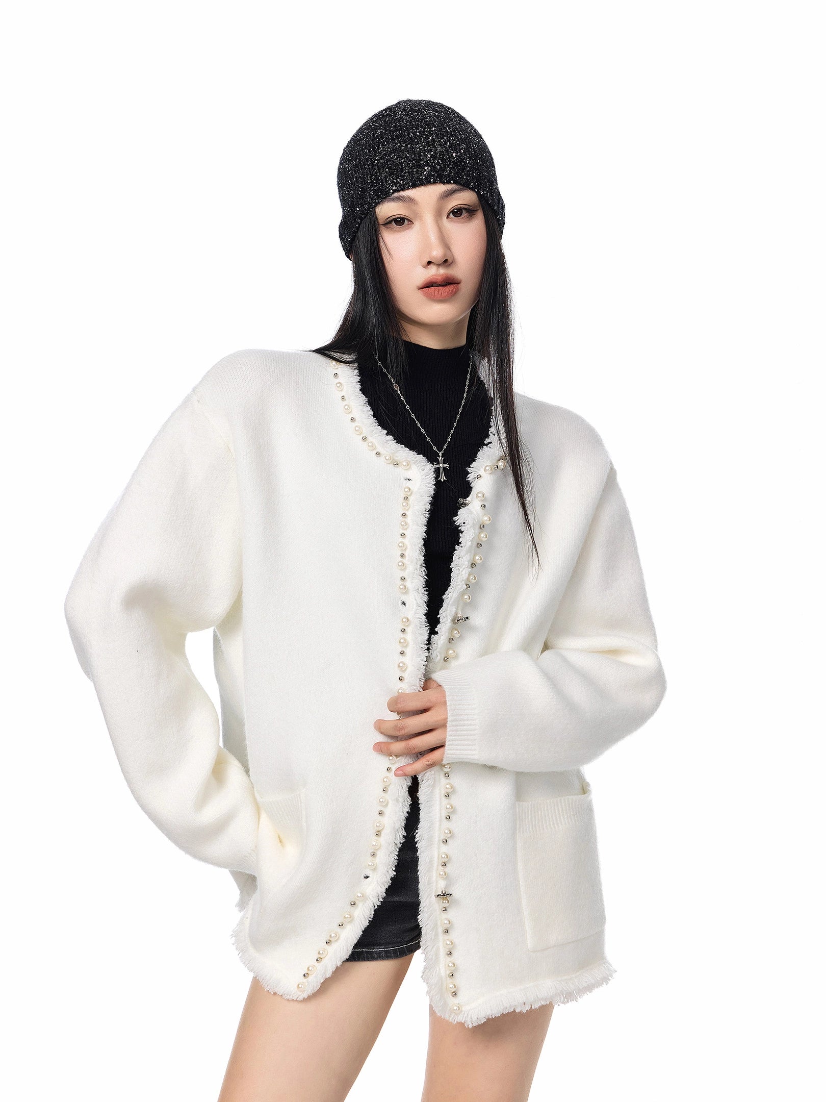 ICH MODE 美式复古珍珠流苏针织开衫女秋冬季小香风慵懒毛衣外套