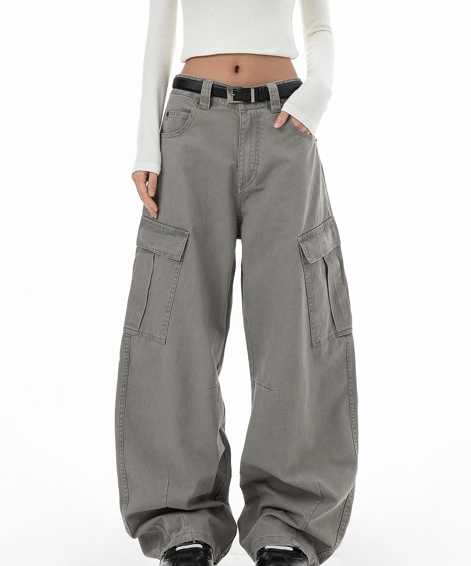 ICH MODE 美式口袋工装裤女2025新款流行宽松休闲裤直筒阔腿裤子