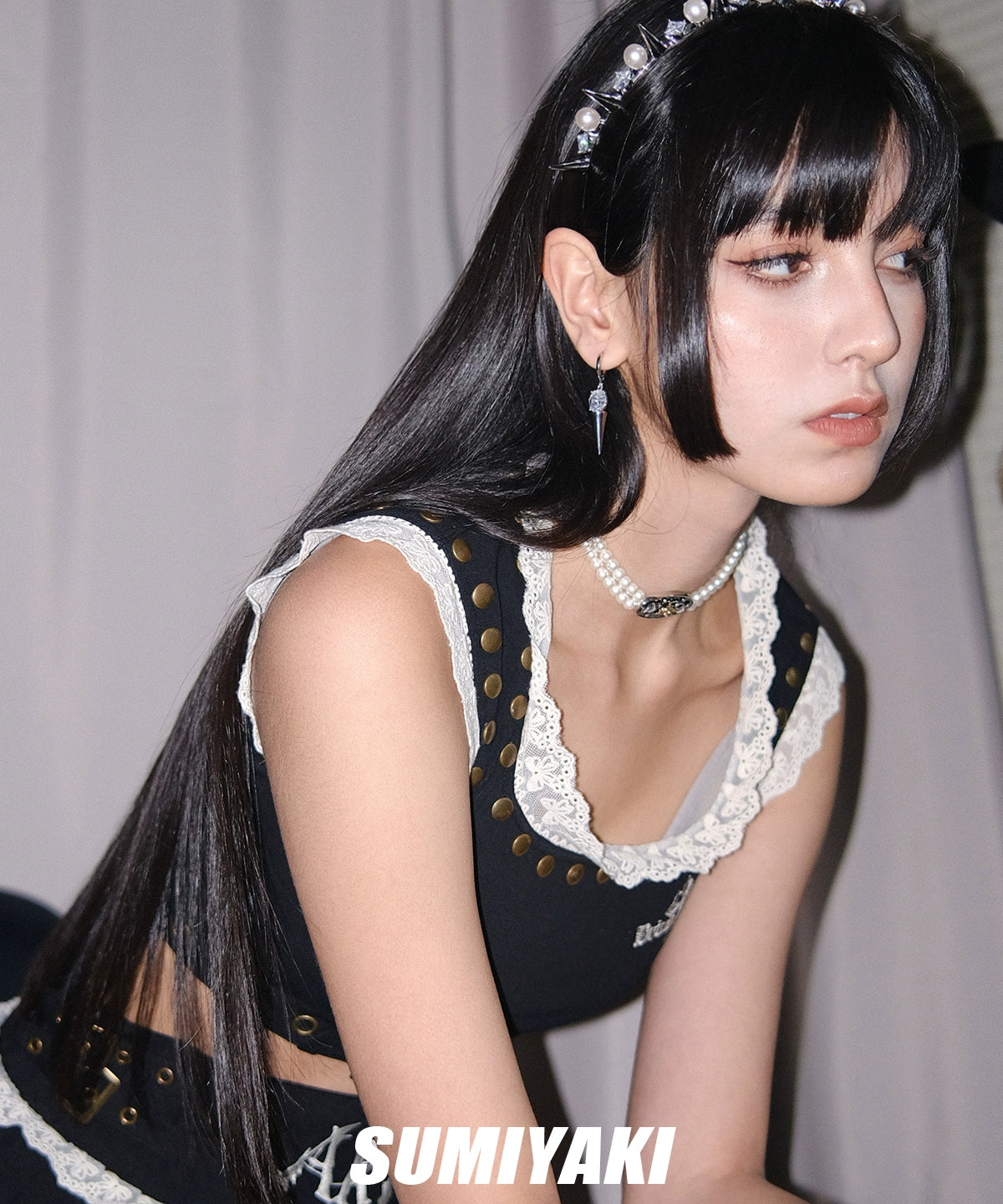 刚柔并济！SUMIYAKI 在逃公主珍珠铆钉发箍朋克学院风小众发饰女