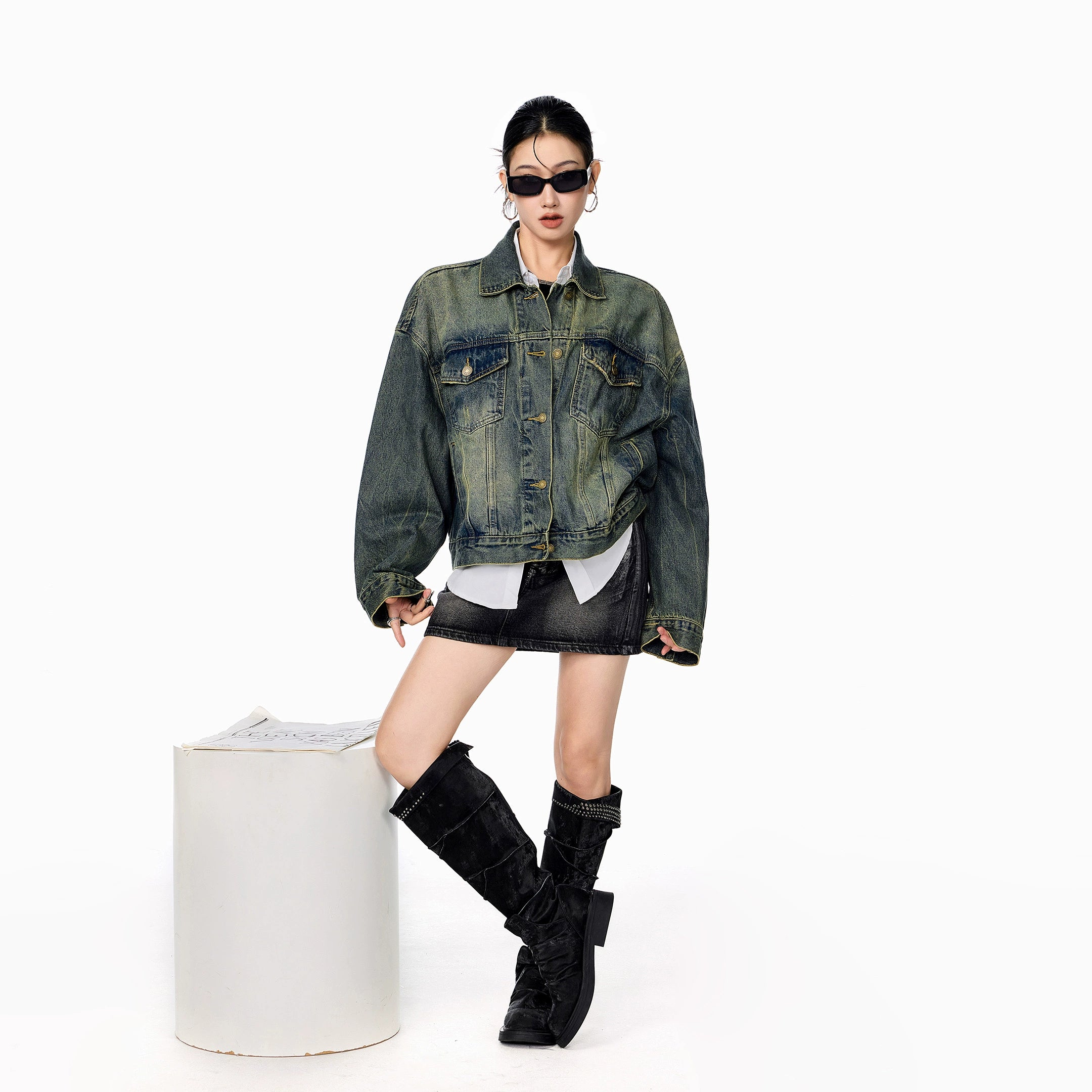 ICH MODE 美式复古水洗牛仔外套女2025新款秋季宽松夹克短上衣潮