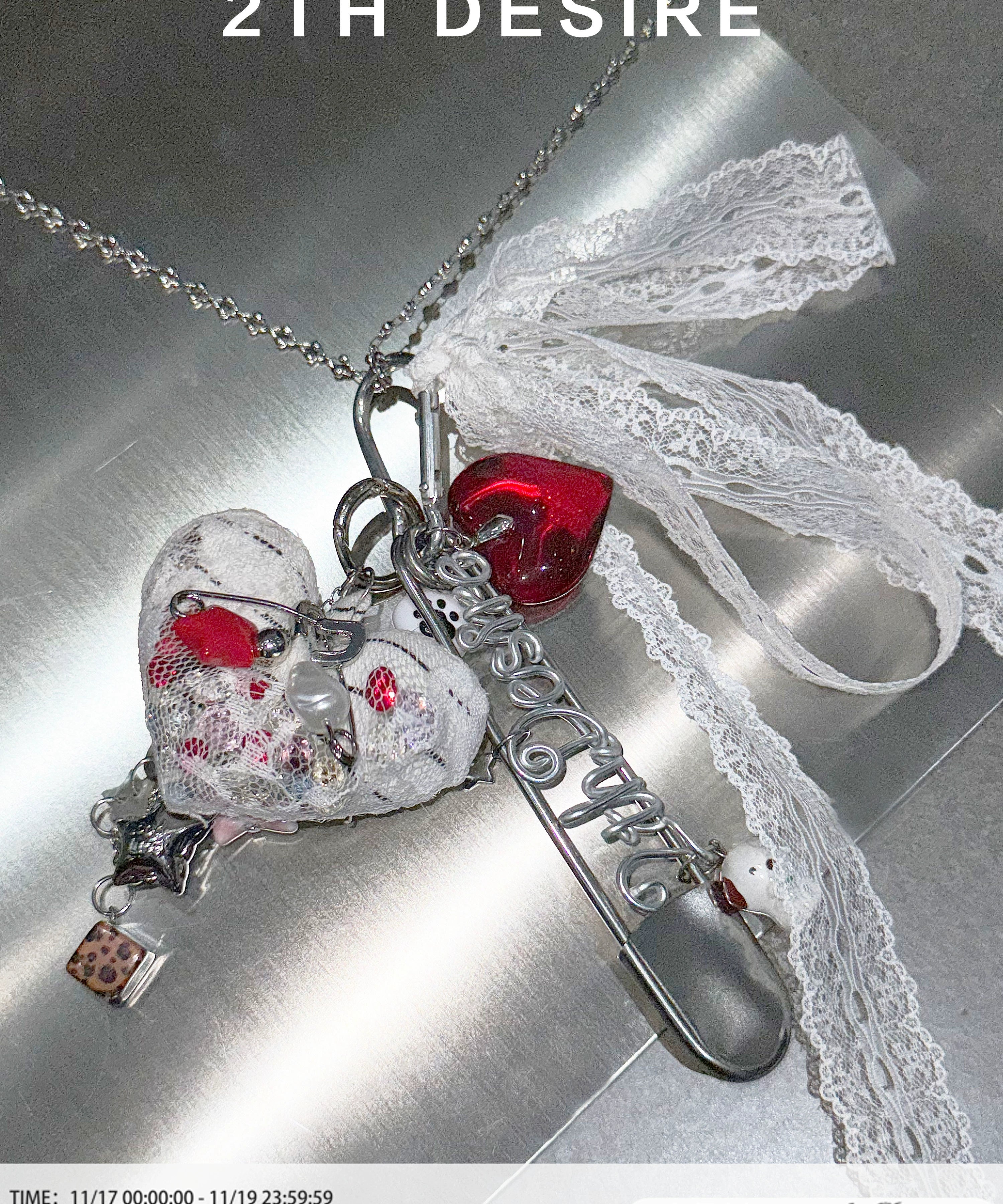 2th Desire原创设计蕾丝彩钻爱心朋克别针多戴法锁骨项链毛衣链