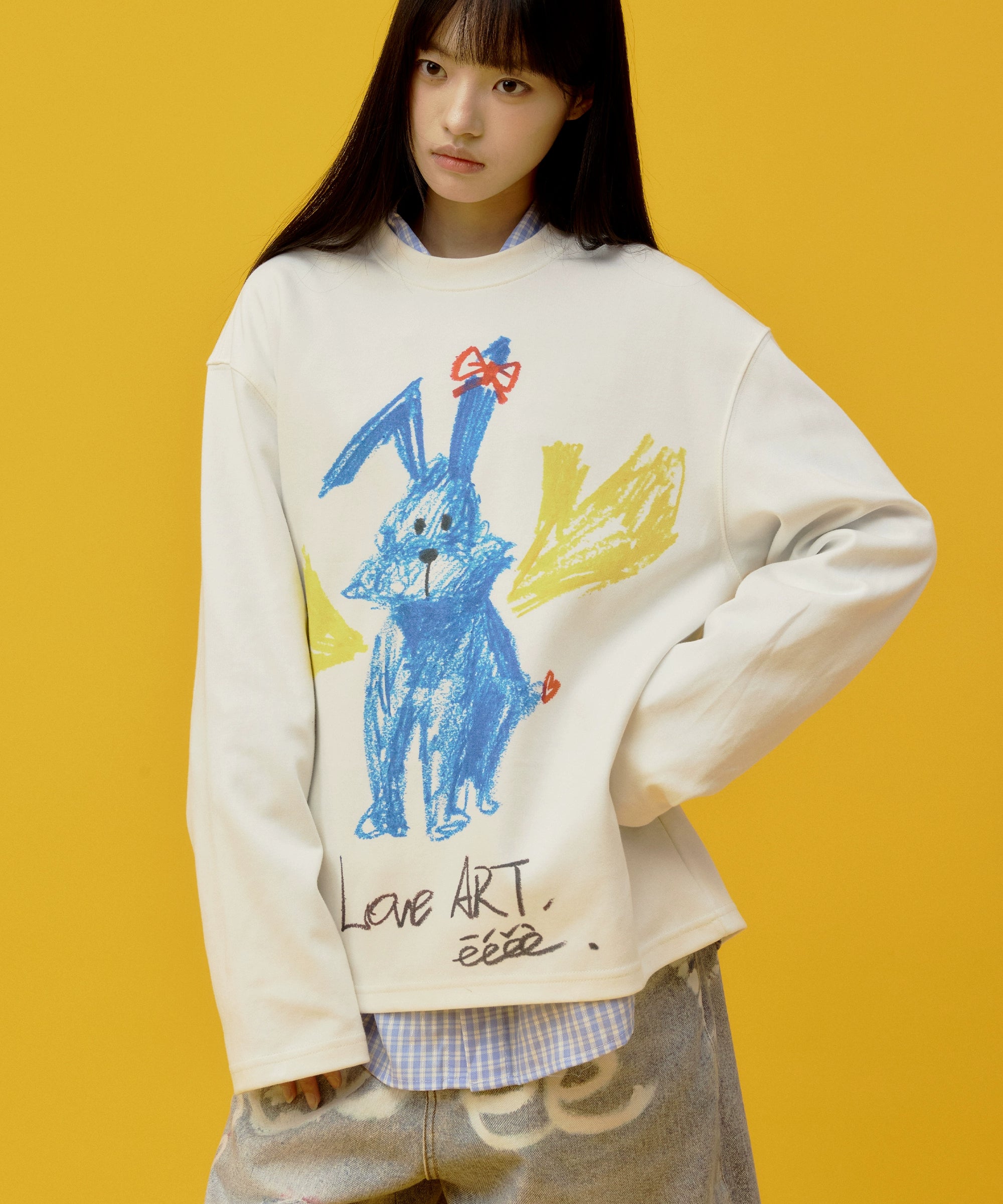 eeeeArtmonster“蓝色兔子”蜡笔手绘印花T恤重磅爱心兔长袖上衣