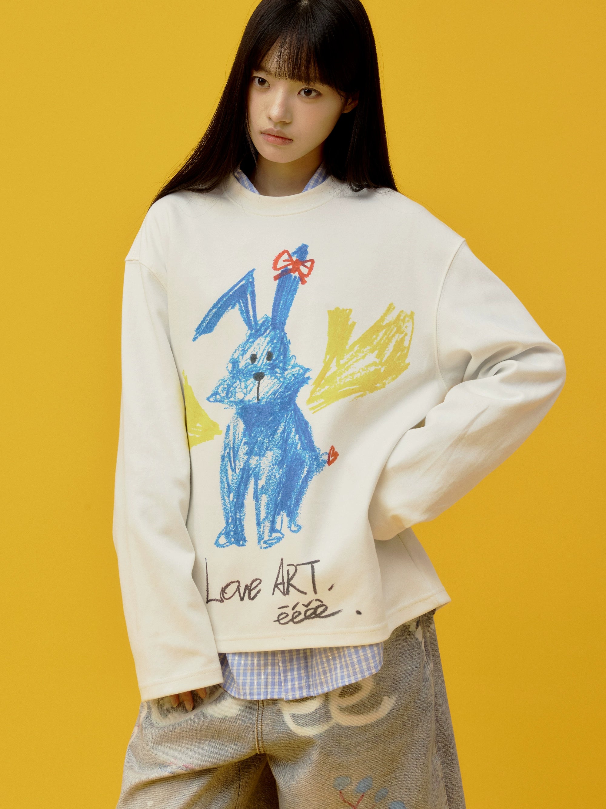 eeeeArtmonster“蓝色兔子”蜡笔手绘印花T恤重磅爱心兔长袖上衣