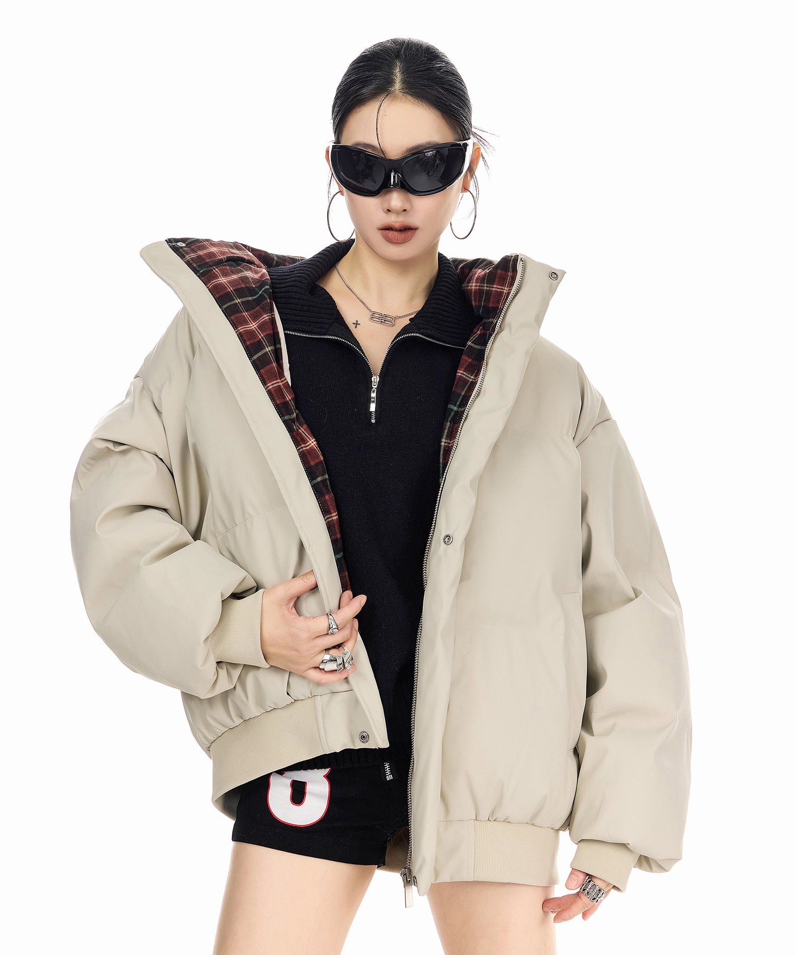 ICH MODE 美式复古格子拼接棉服女秋冬季保暖防寒面包服棉衣外套