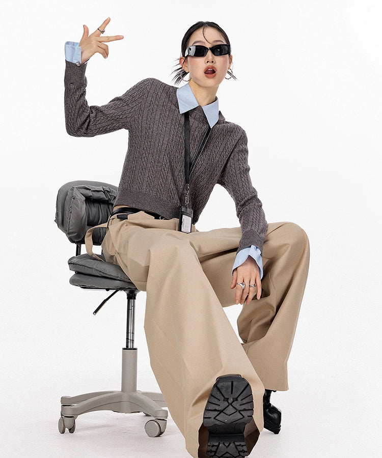 ICH MODE 美式复古假两件毛针织衫女2025秋冬新款衬衫领套头毛衣