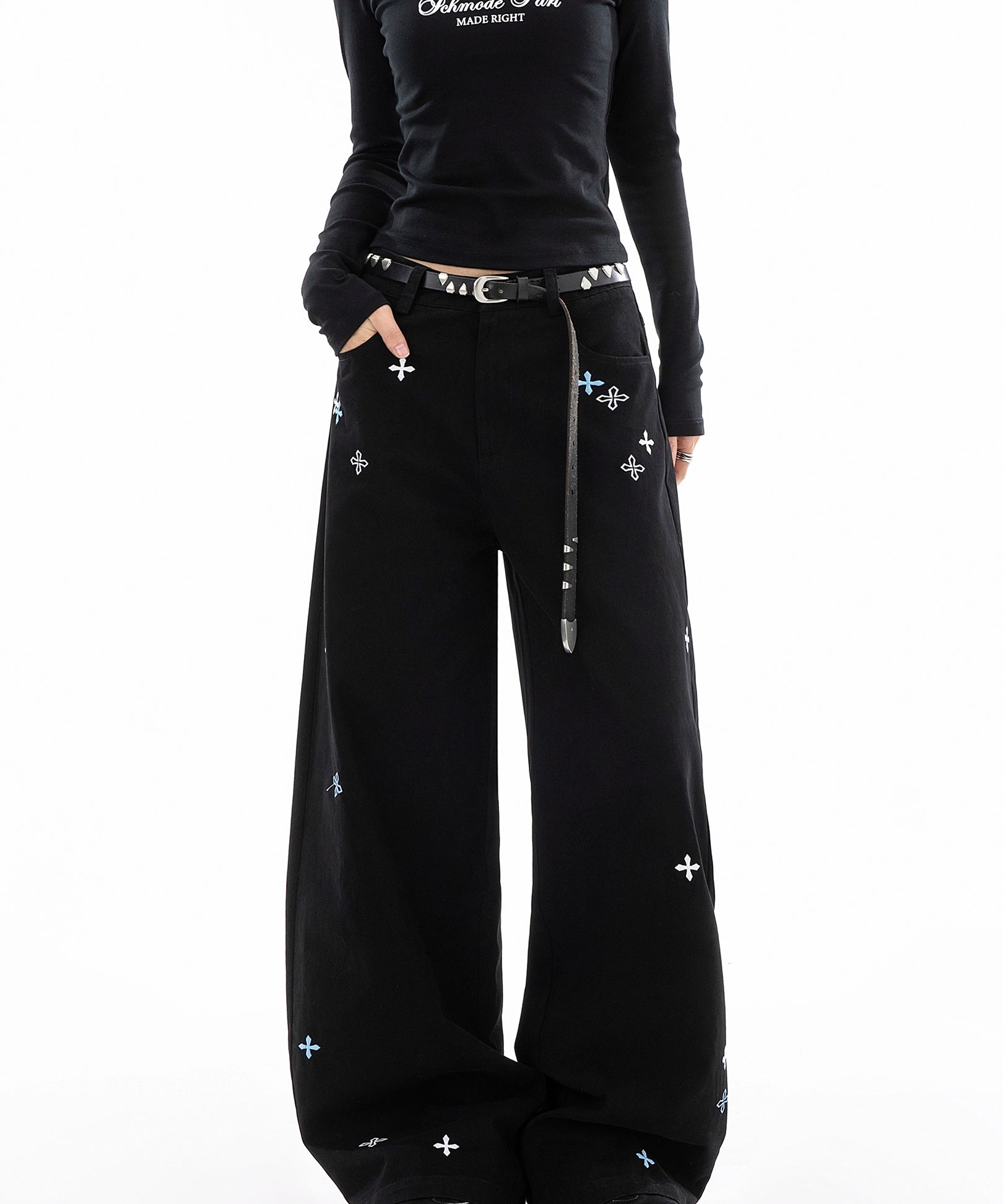 ICH MODE 美式复古刺绣纱卡休闲裤女宽松直筒裤弯刀阔腿裤运动裤