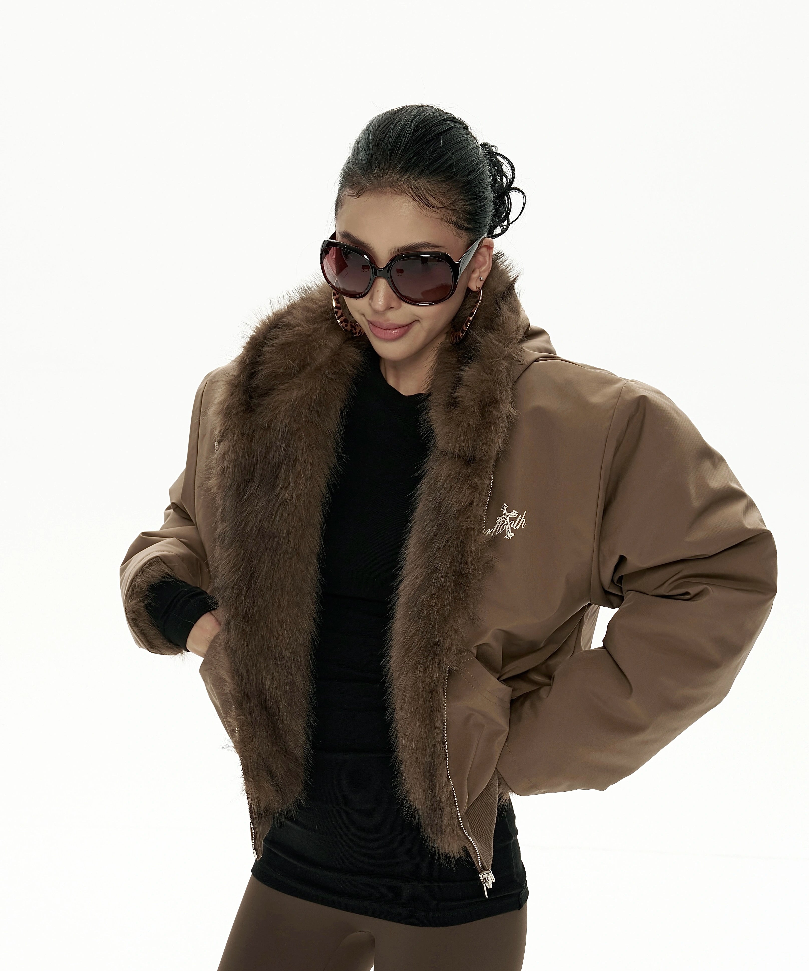 野生zero双面穿连帽毛绒外套女秋冬新款美式复古宽松休闲开衫上衣